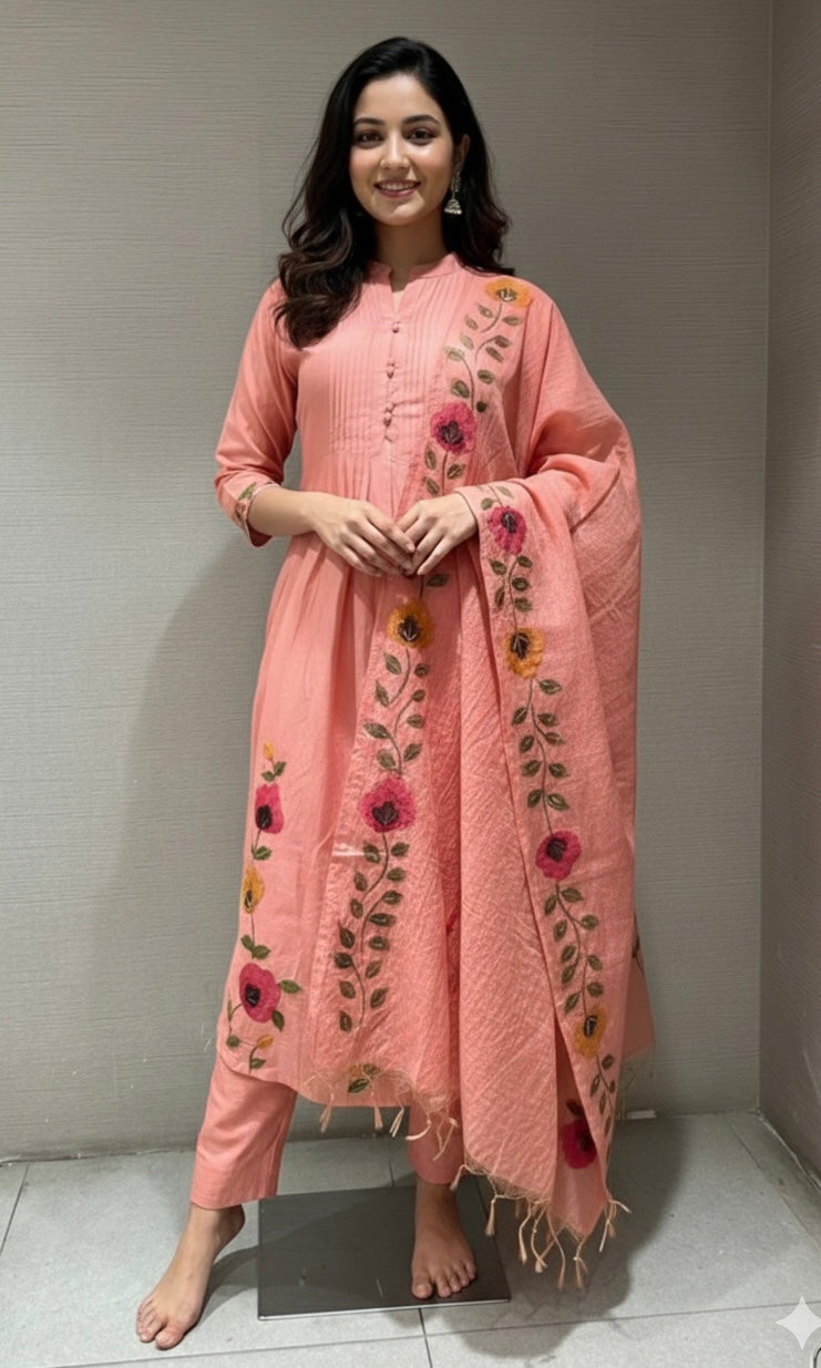 Onion pink FLORAL MUL CHANDERI KURTA SET