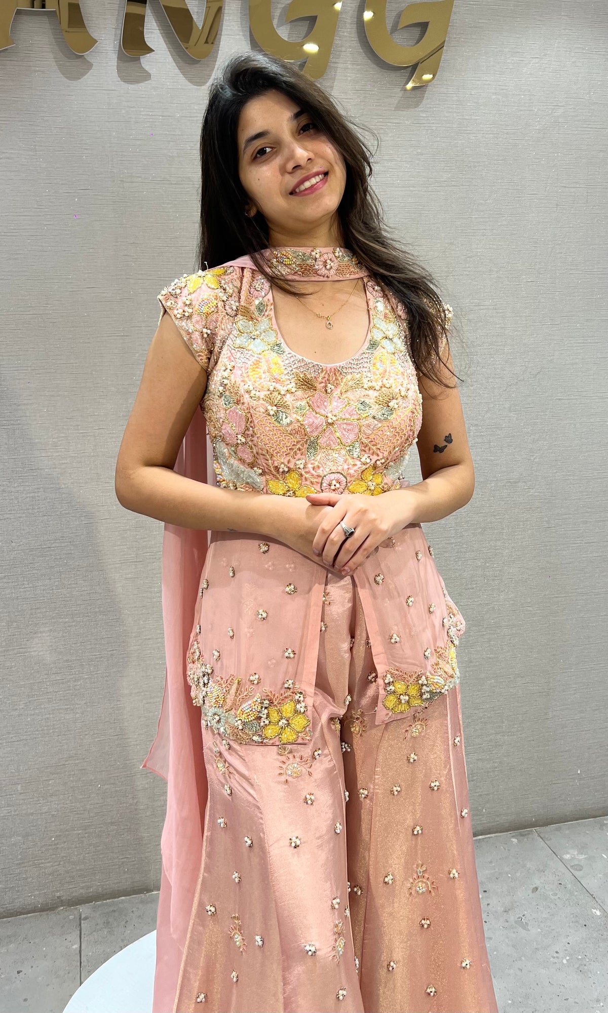 Blush Pink Satin Floral Embroidered Palazzo Set