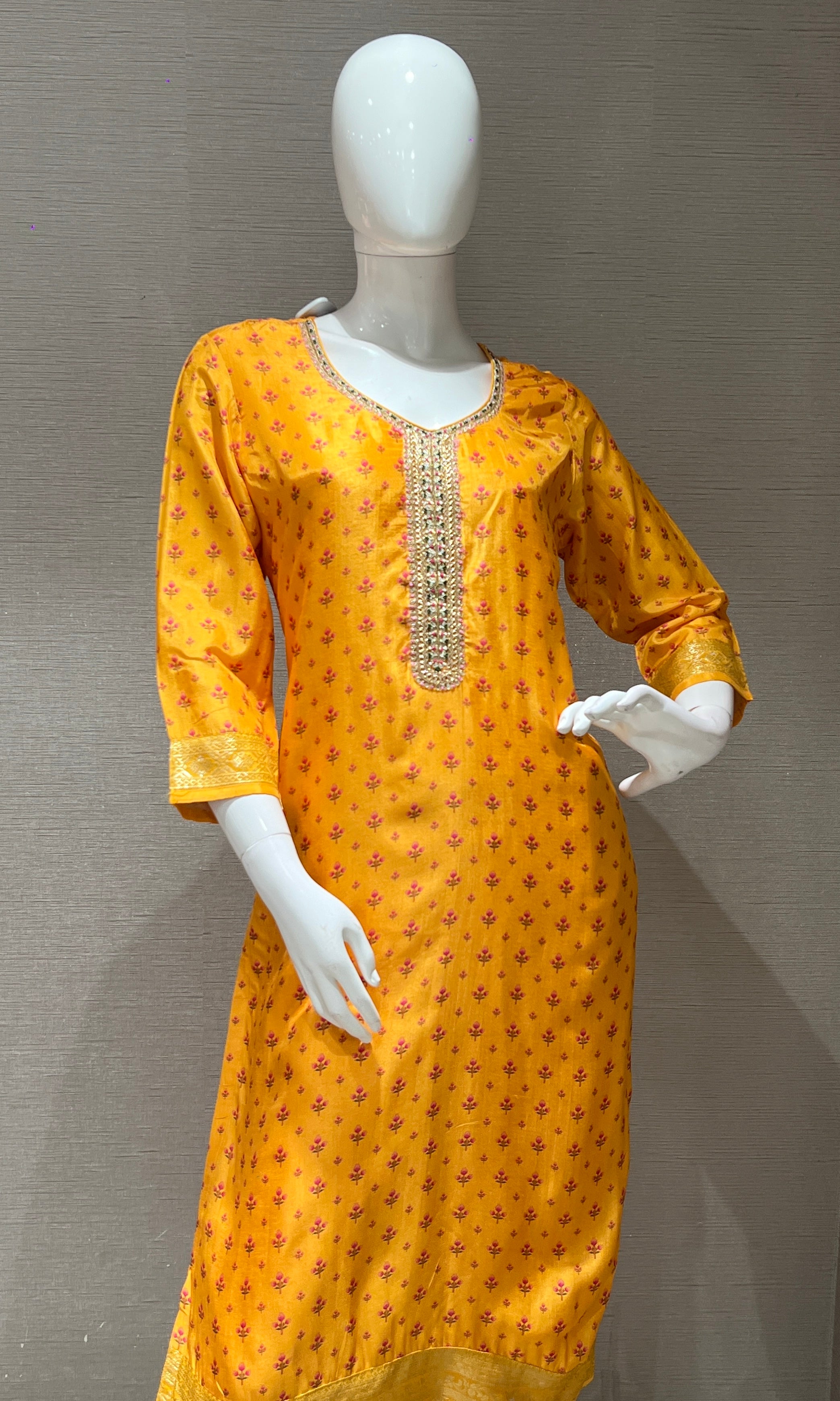 yellow embroidered printed kurta set