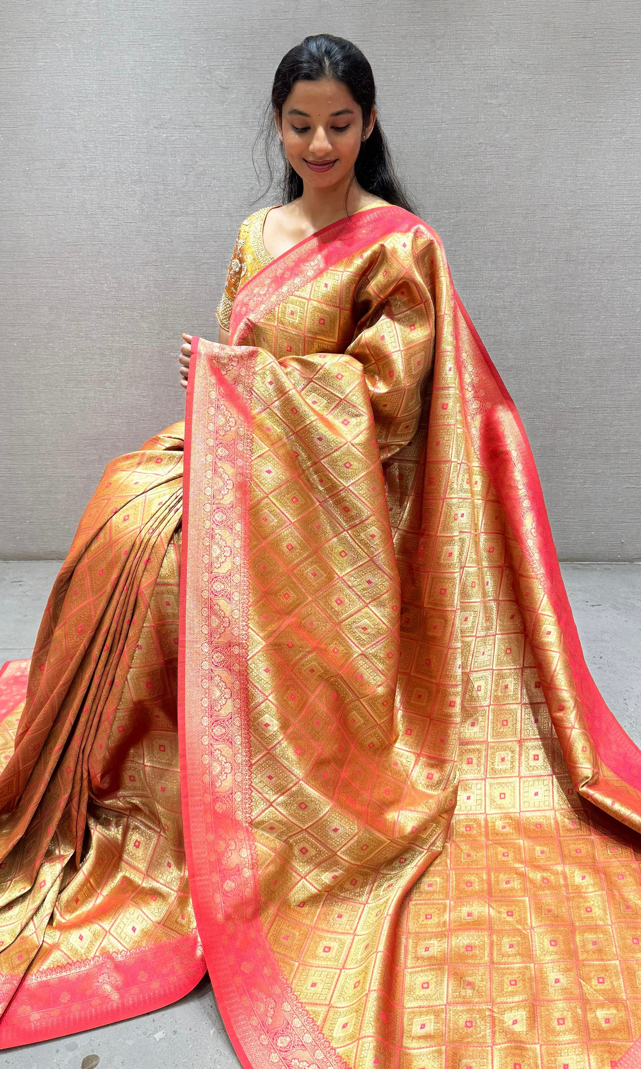 Pink saree with ready blouse