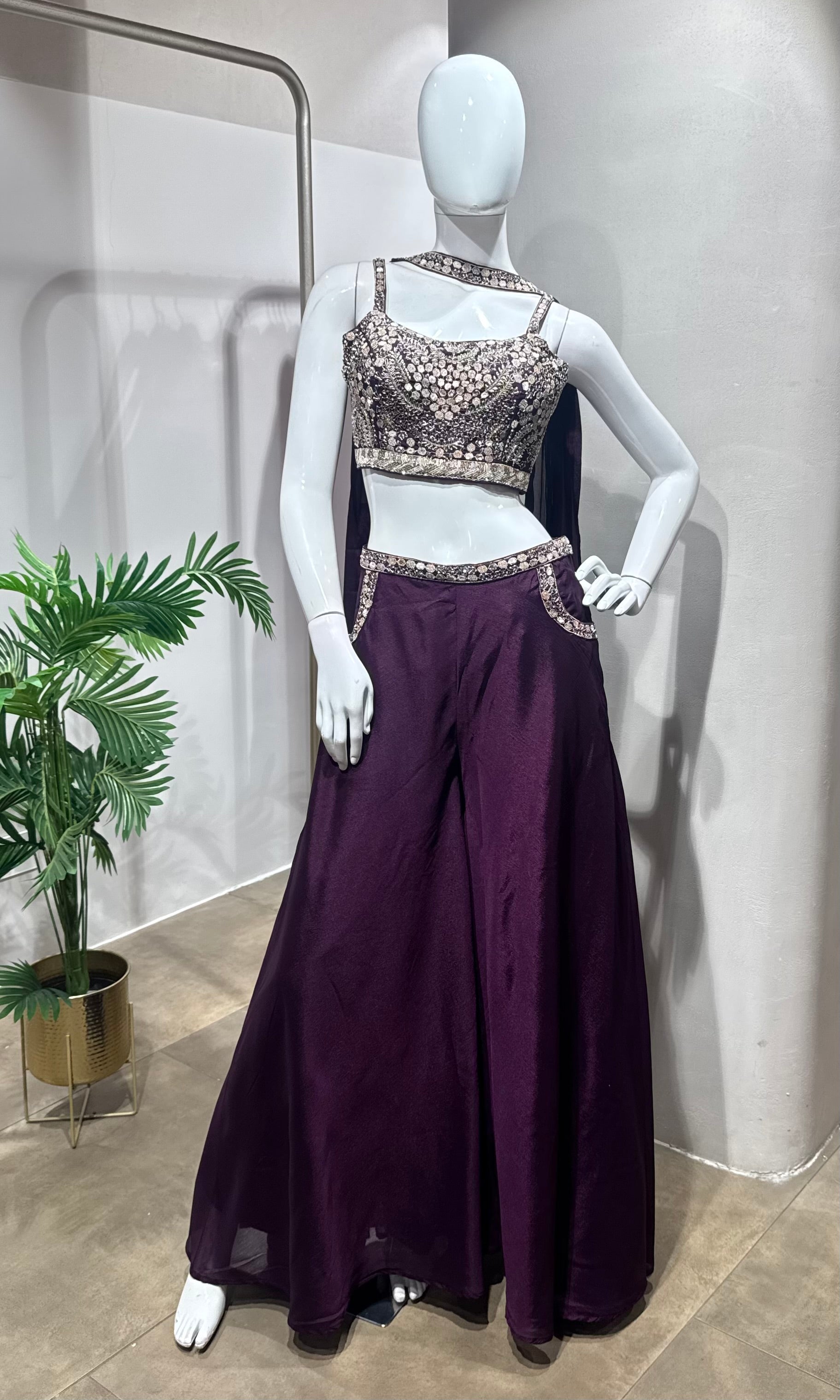 Wine Georgette Crop Top & Palazzo Set
