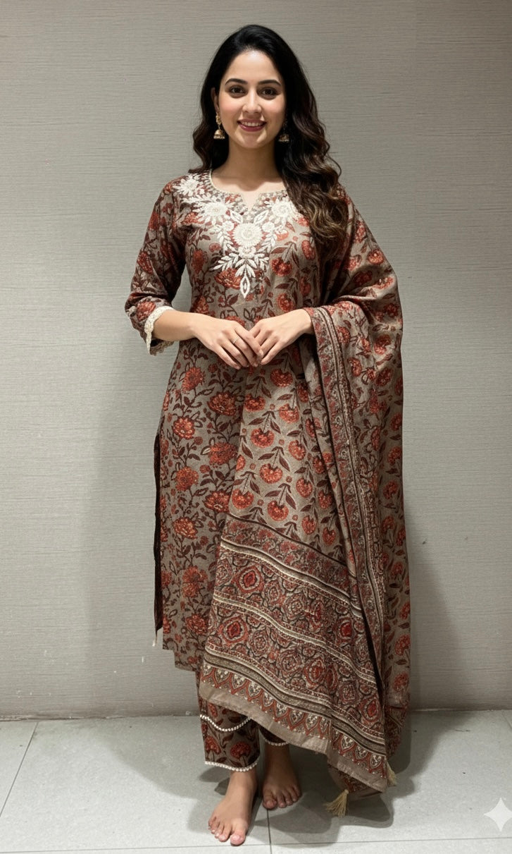 GREY AND orange printed EMBROIDERED KURTA SET