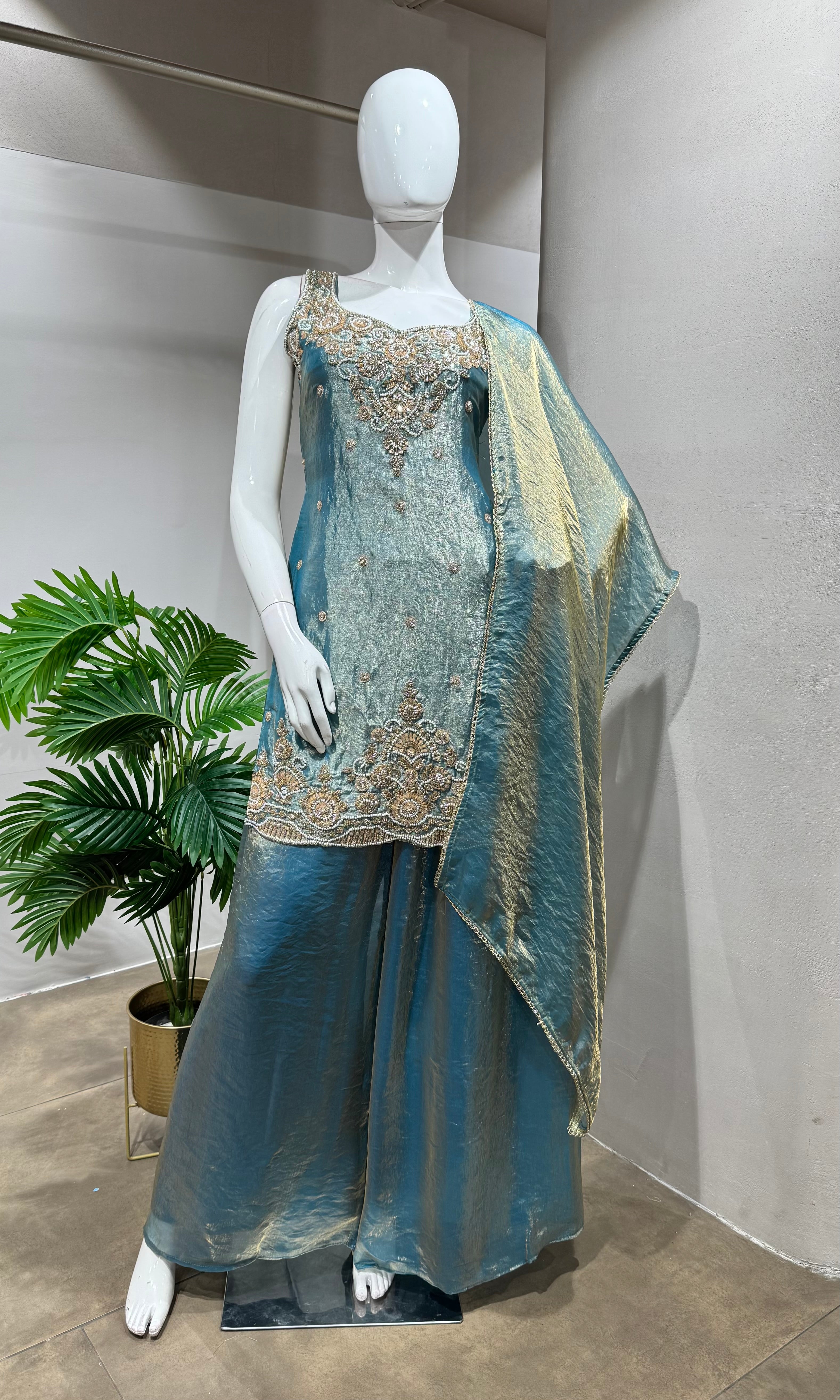 Blue Tissue golden embroidered Sharara Set