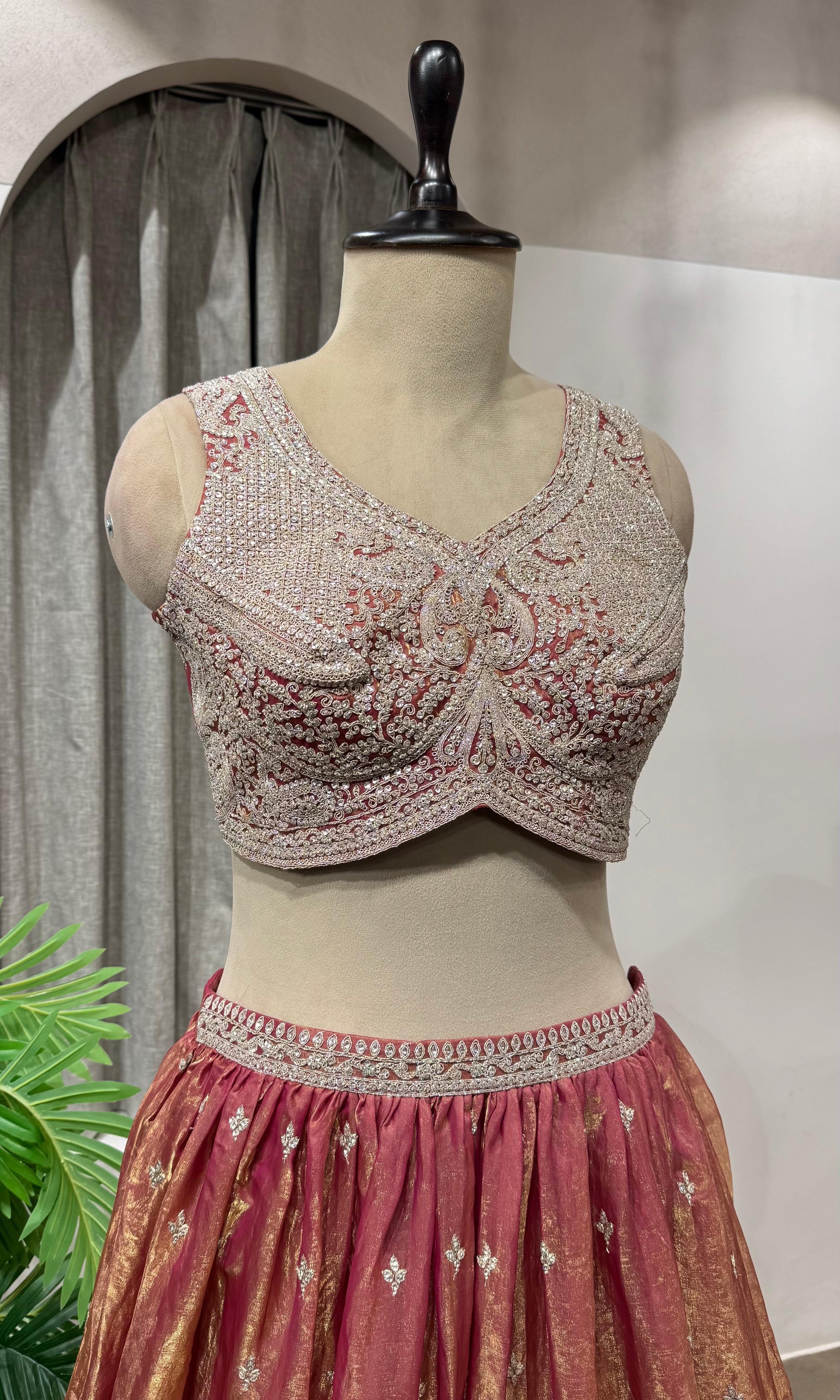 Rust Banarasi Silk Crop Top Lehenga