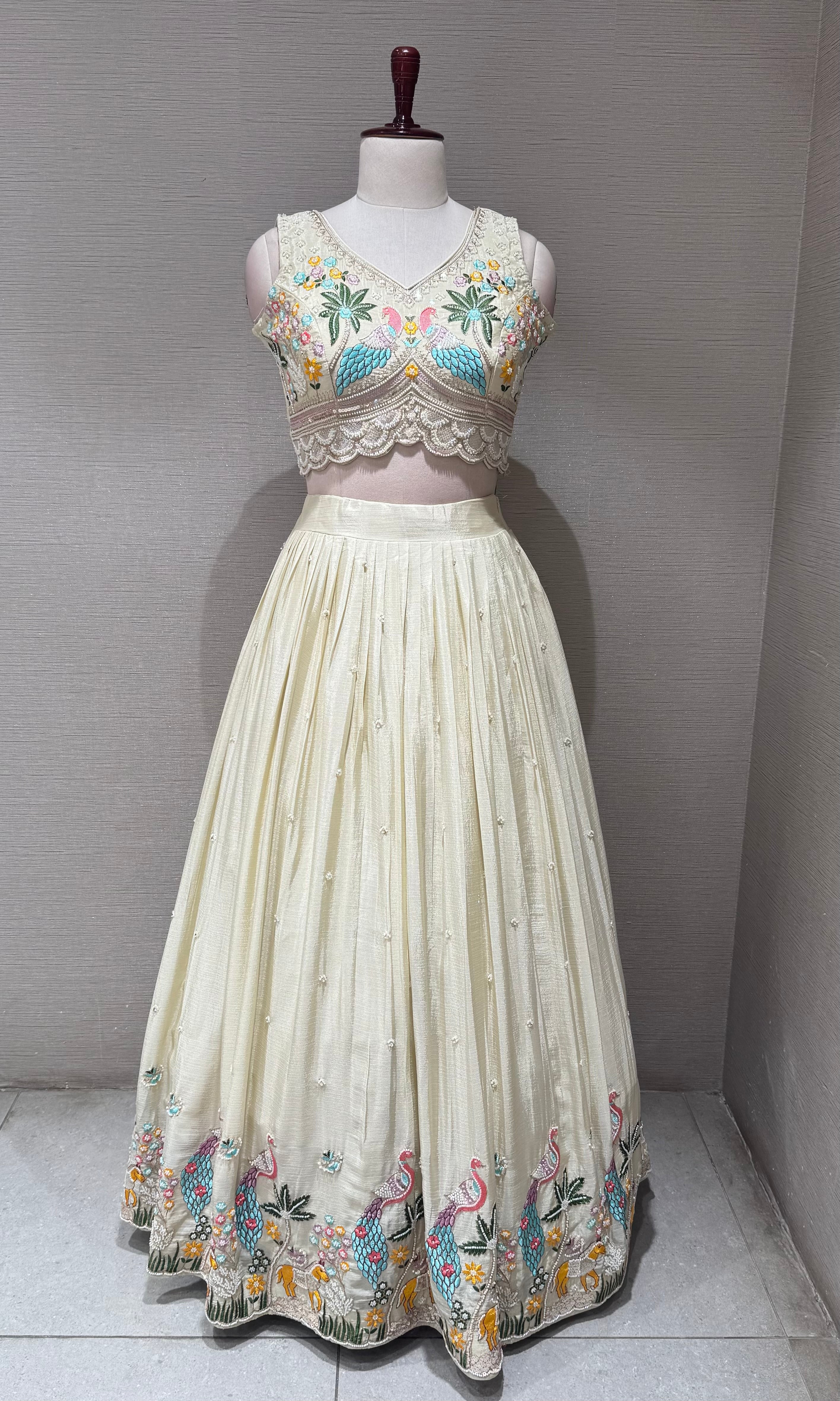 Cream Tissue silk Lehenga with Peacock & Floral Embroidery