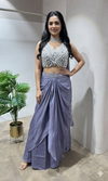Lavender pearl blouse with drape skirt