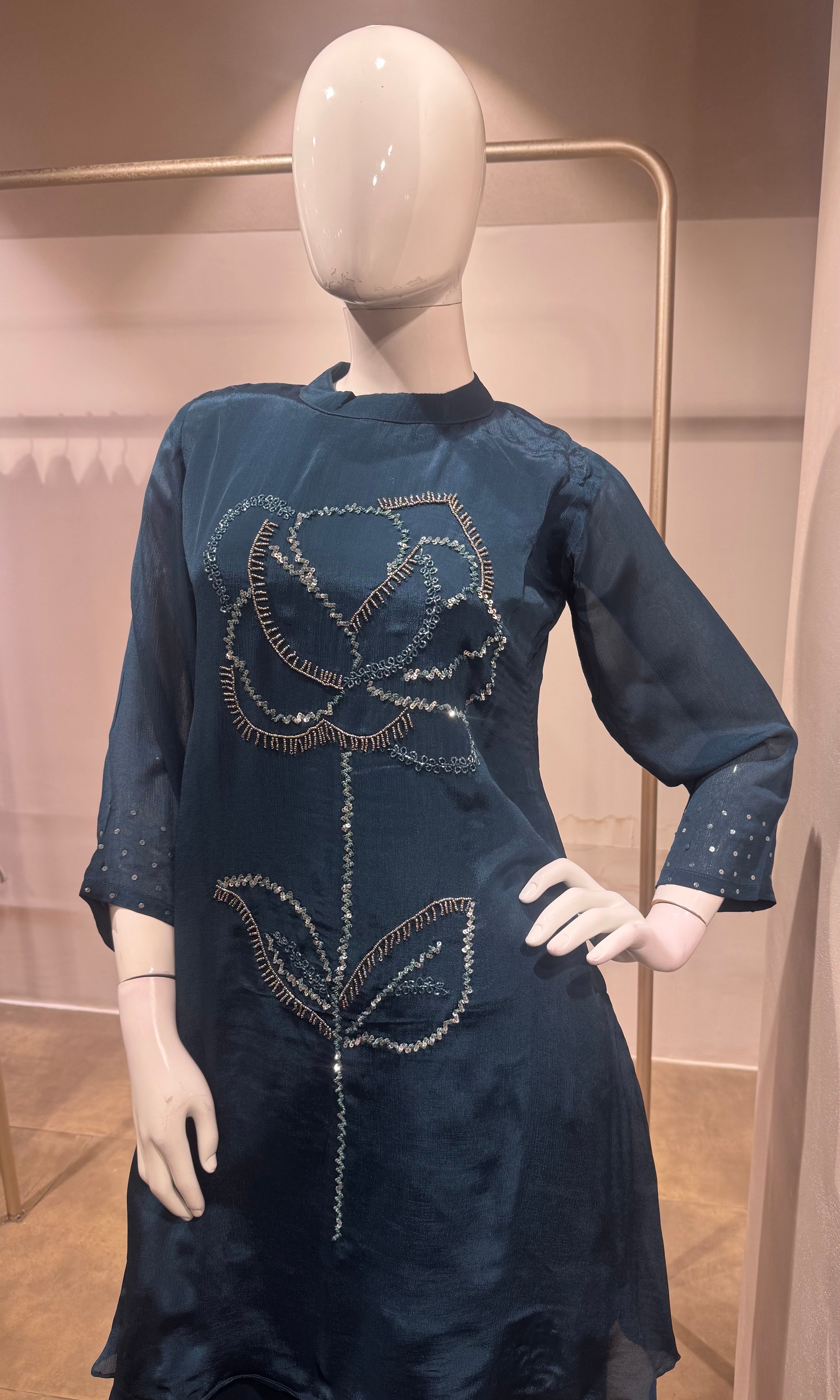 Teal Blue floral kurti with bottom