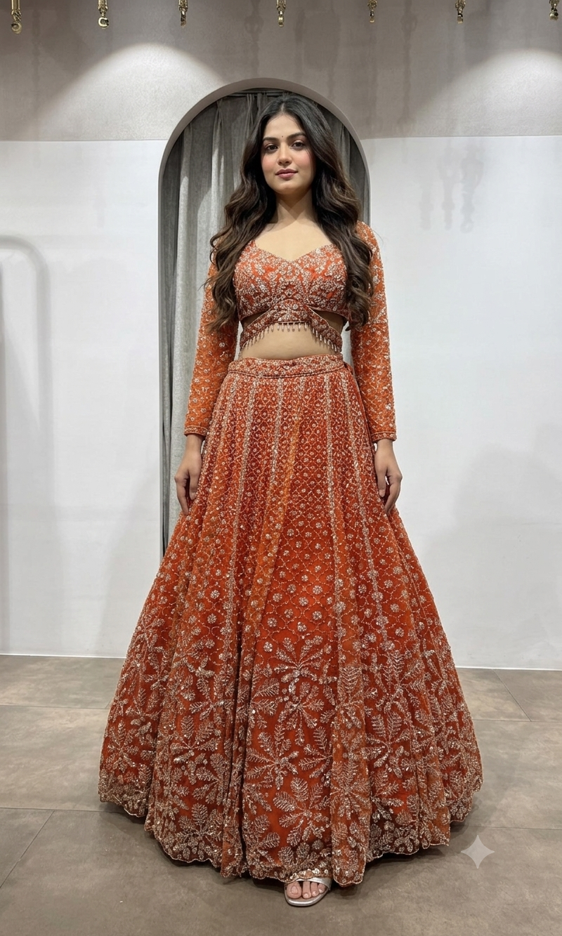 Orange Sequin Embroidered Bridal Lehenga Set