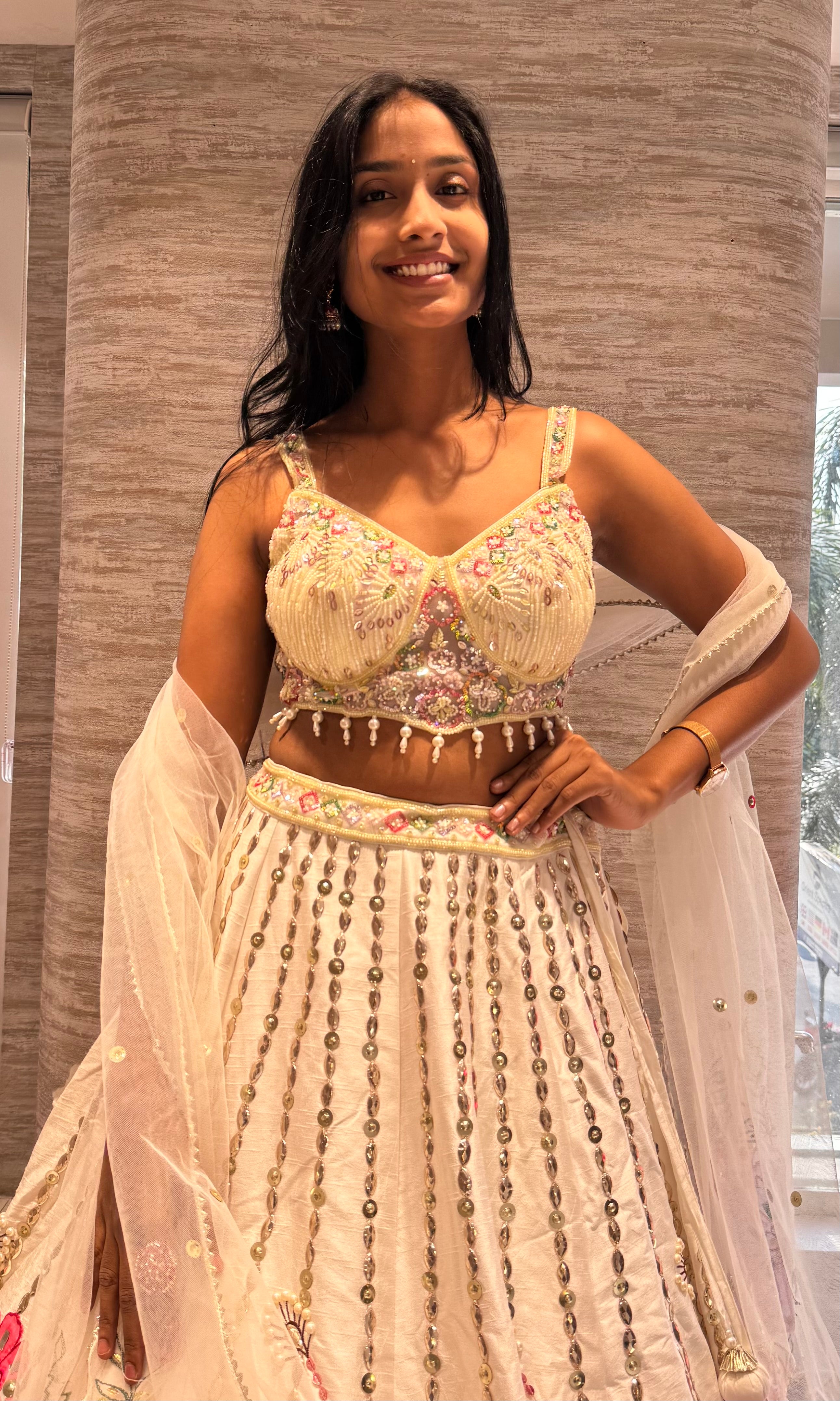 White and pink floral multicolored lehenga