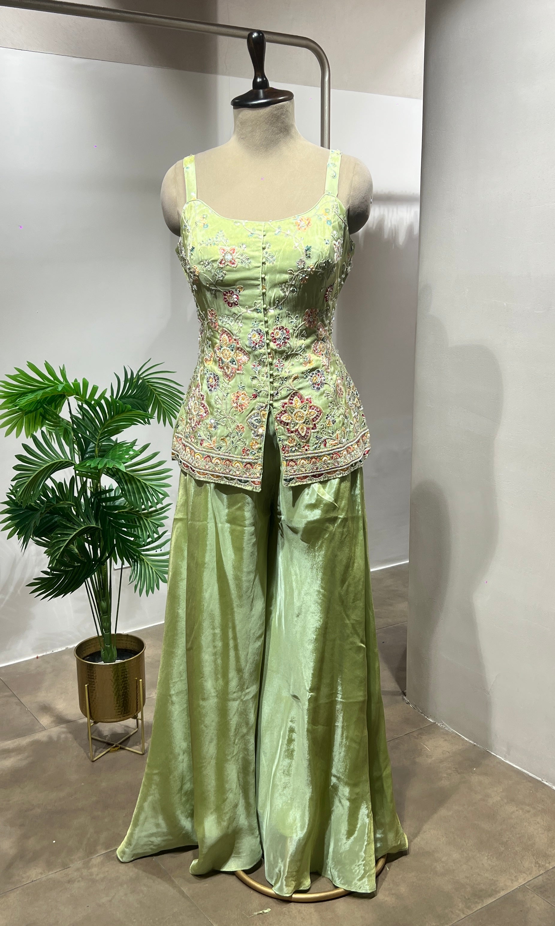 Green Embroidered Peplum & Palazzo suit