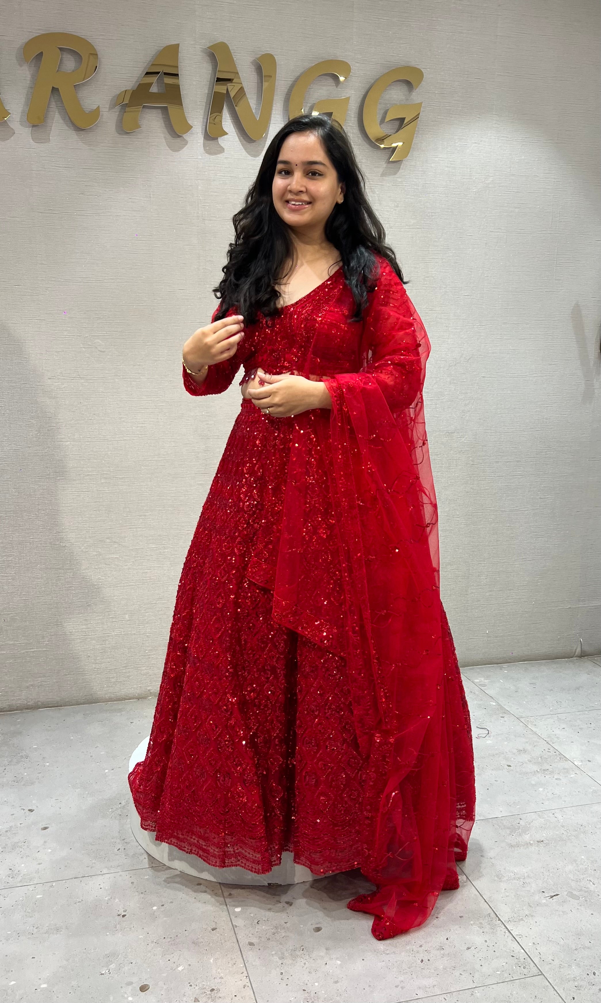 Crimson Red Embroidered Lehenga with Net Dupatta