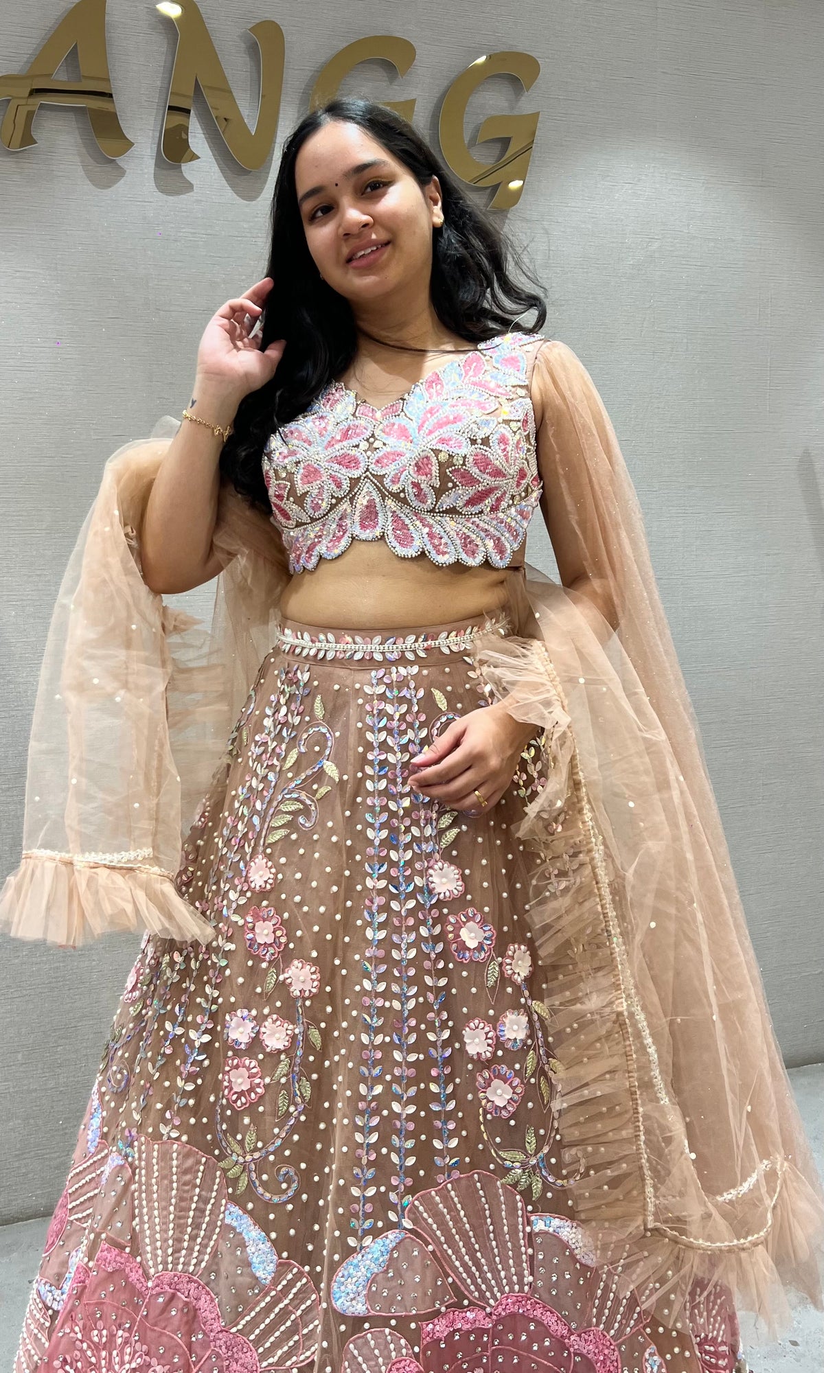 Moee Pink Floral Sequins and Beads Lehenga set