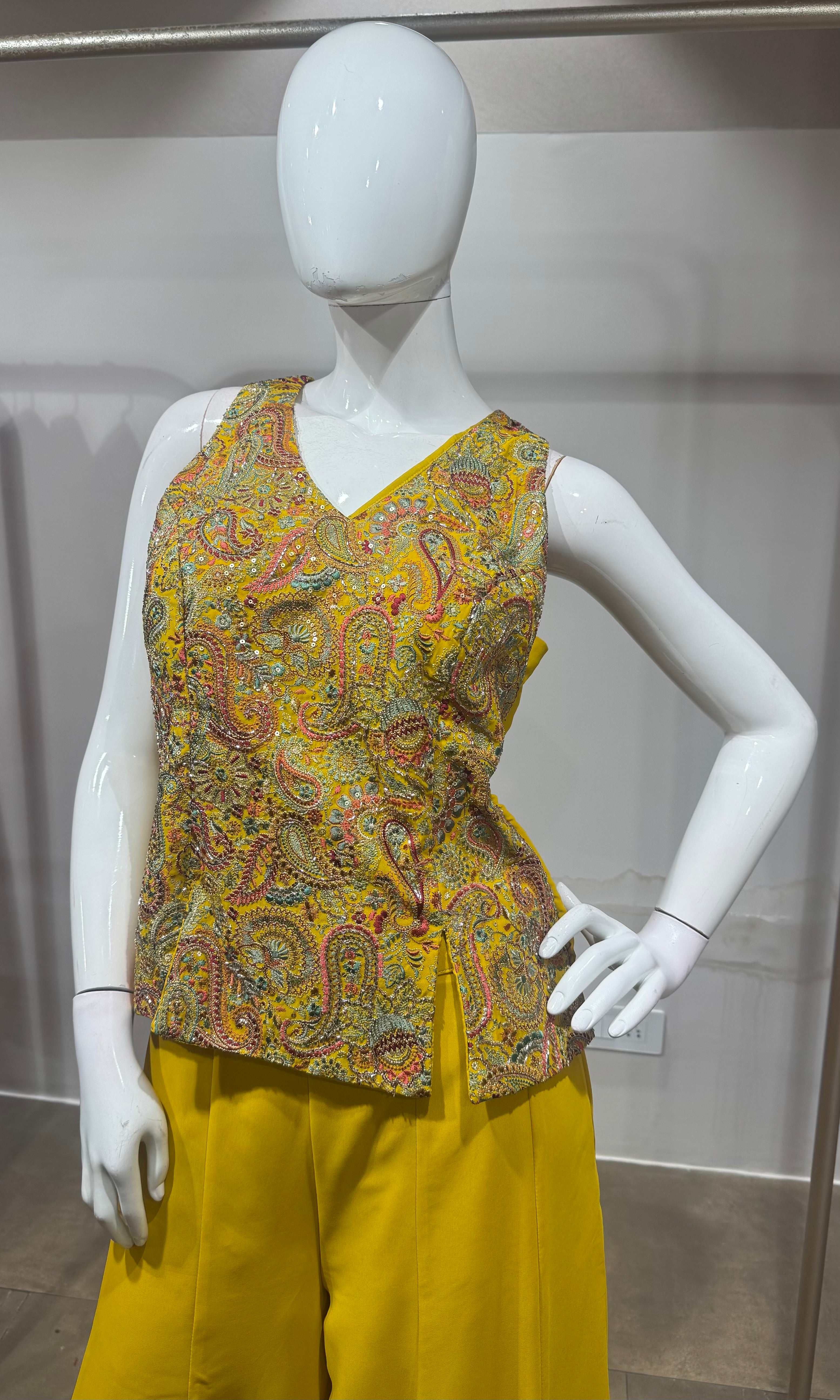 Yellow Embroidered Peplum Palazzo Set