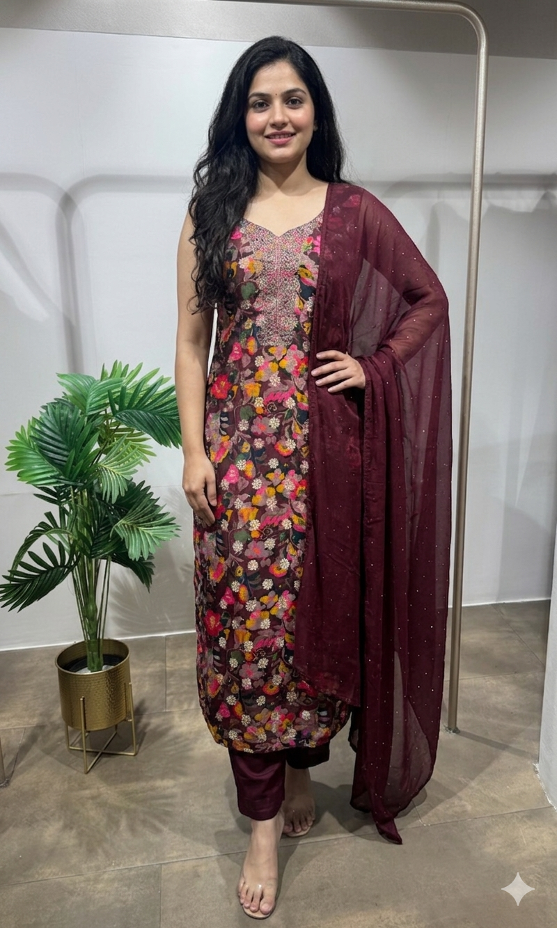 Wine multi floral printed kurta set