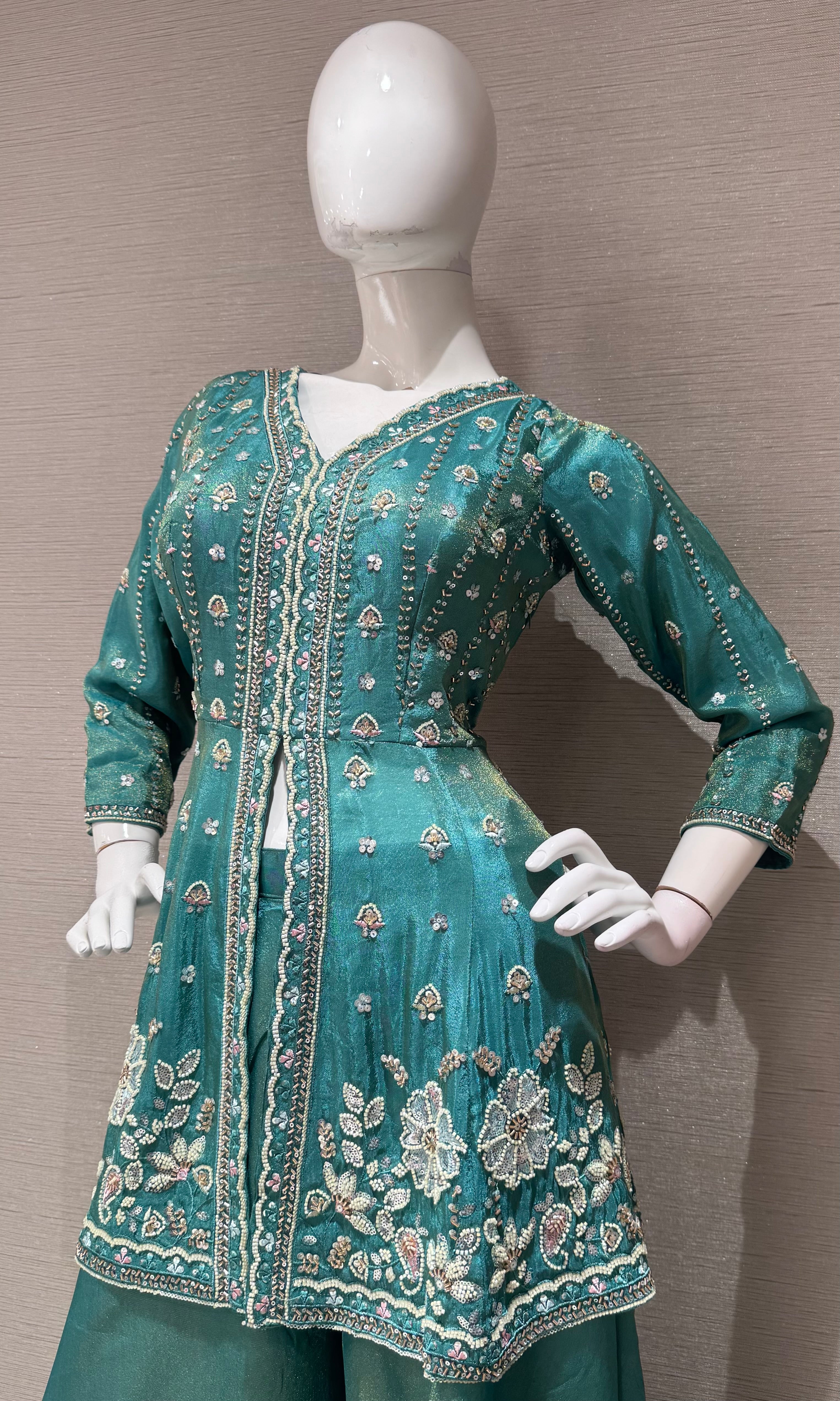 Sea green front slit embroidered peplum palazzo set