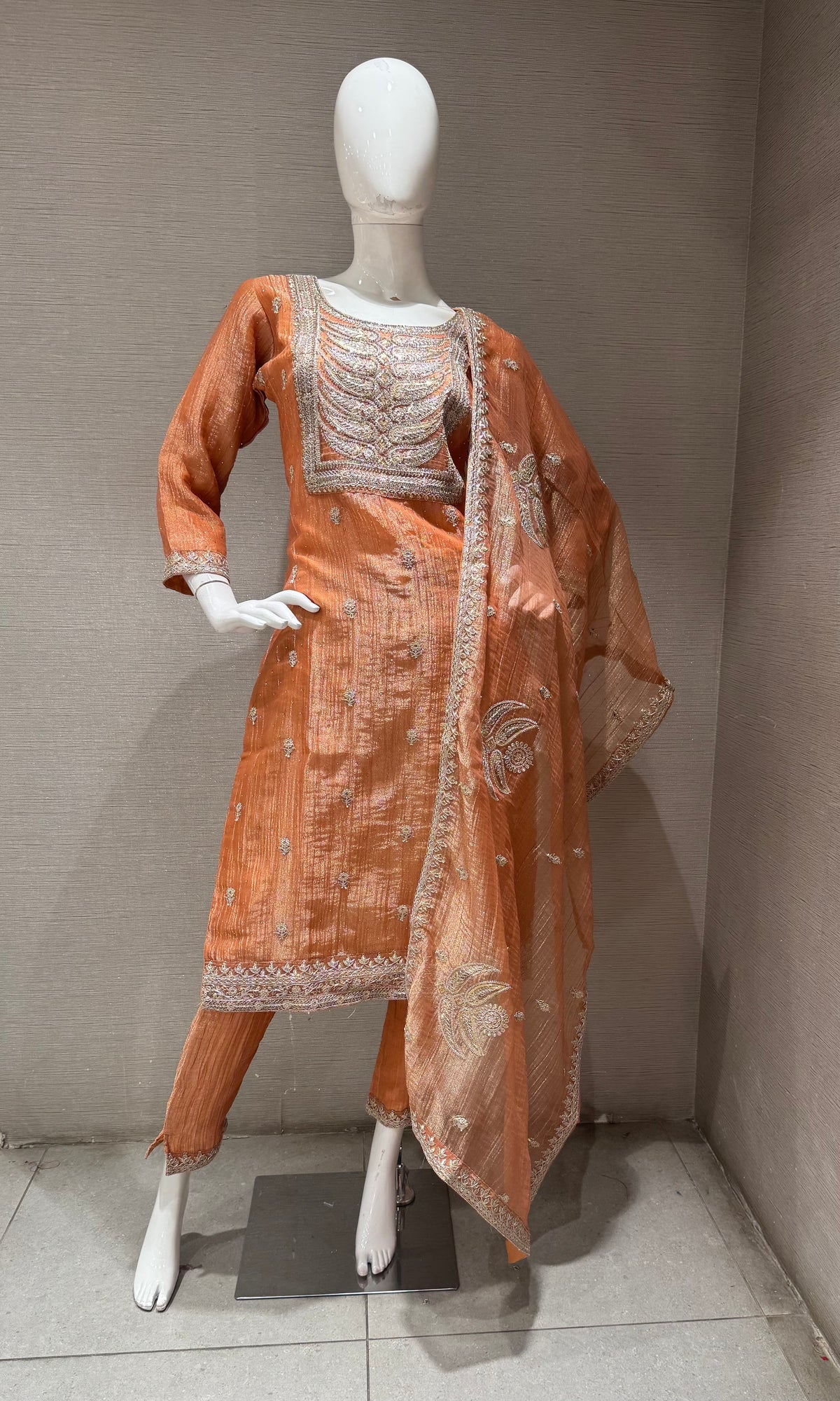 Peach Shimmer Embroidered Kurta Set with Sheer Dupatta