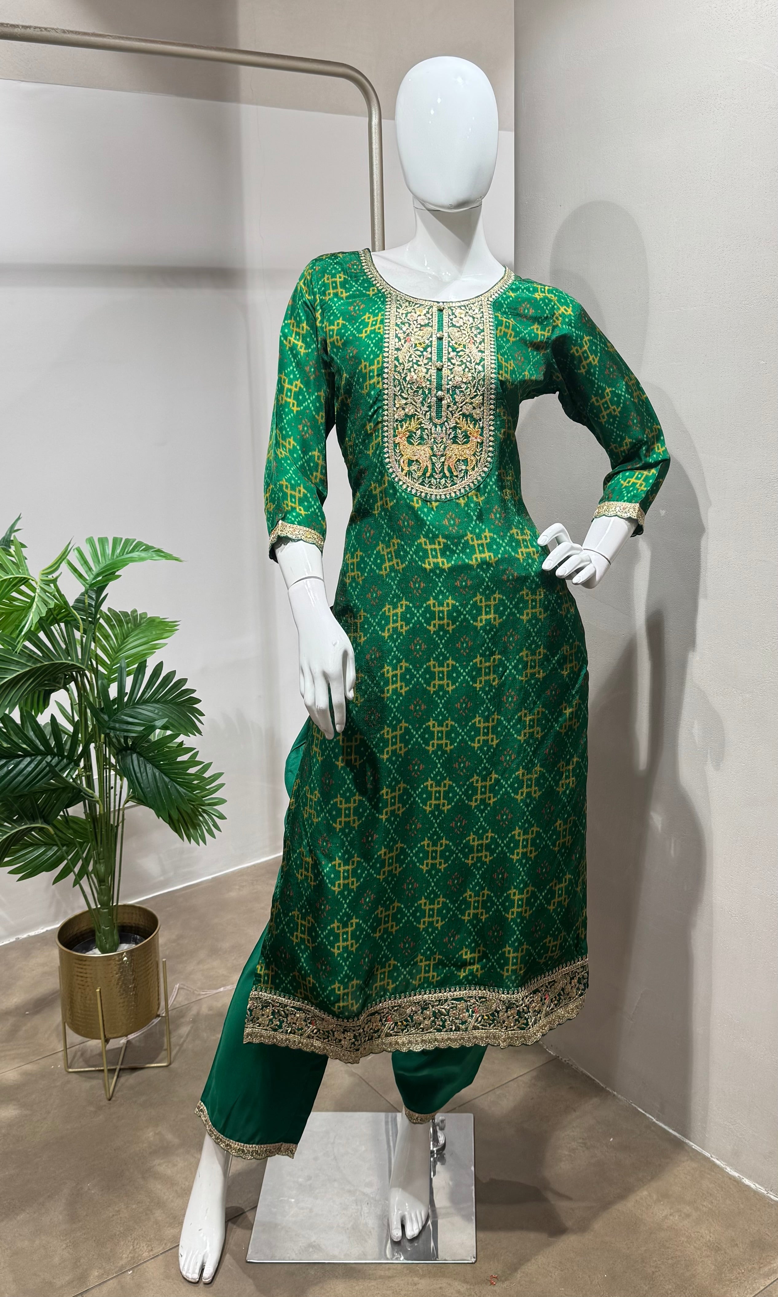 Green embroidered kurta set with dupatta