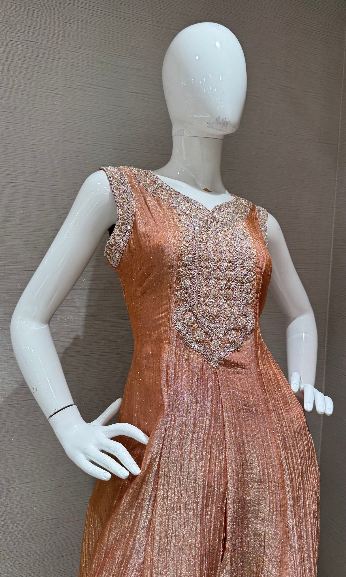 Peach Shimmer Golden Embroidered Kurta Set with dupatta