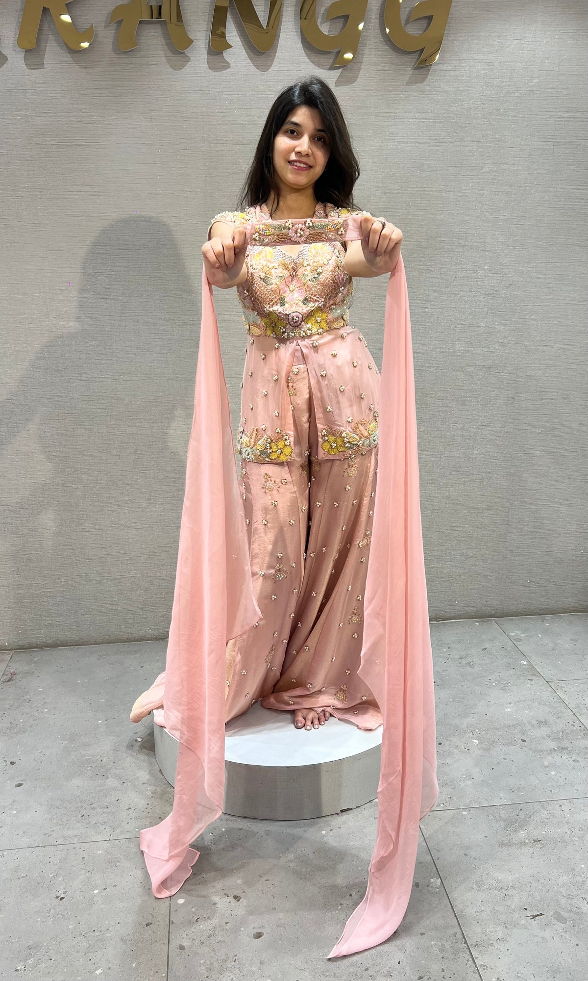 Blush Pink Satin Floral Embroidered Palazzo Set