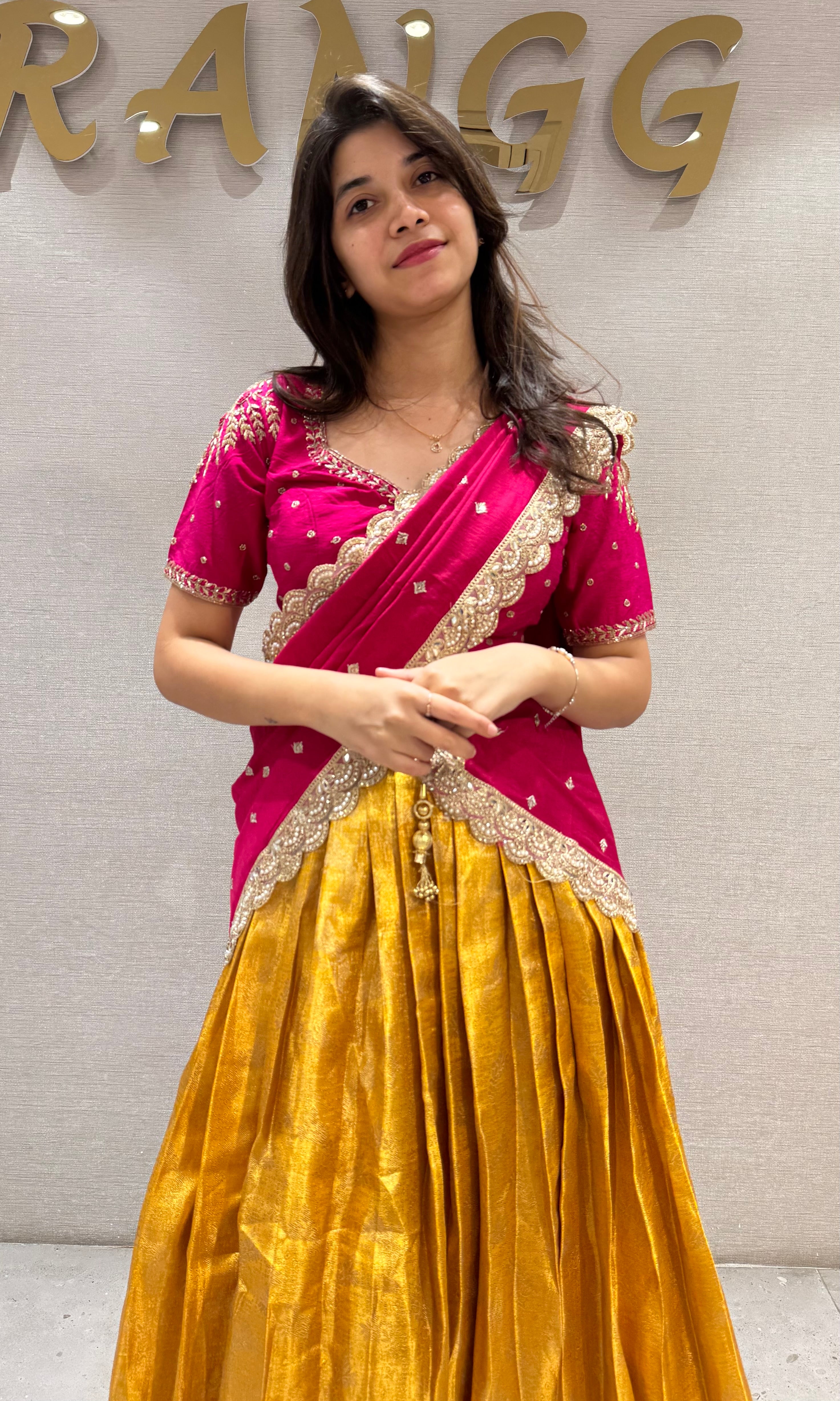 Pink & yellow Pattu Pavadai Half saree set