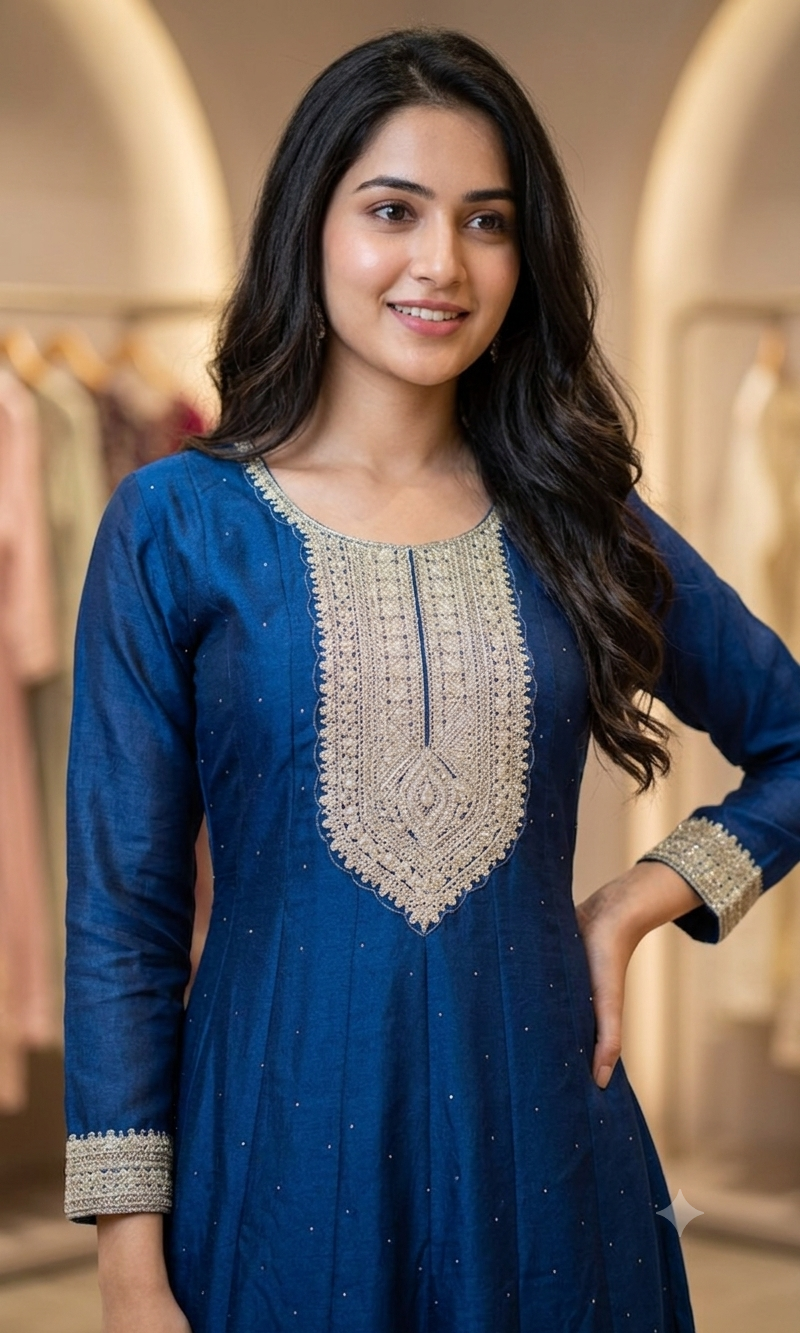 Navy Blue Embroidered Silk Kurta Set