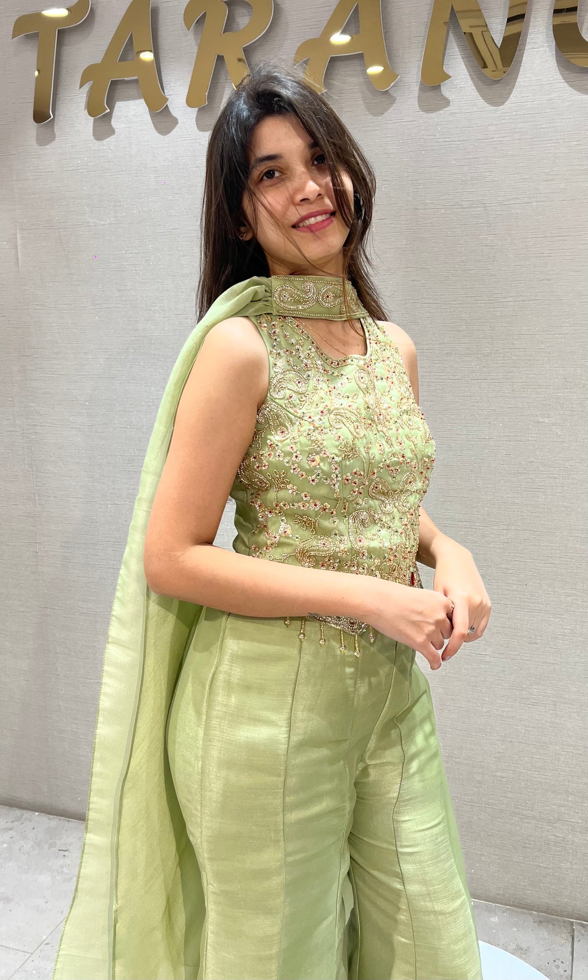 Pista Green shimmer Embellished Palazzo set