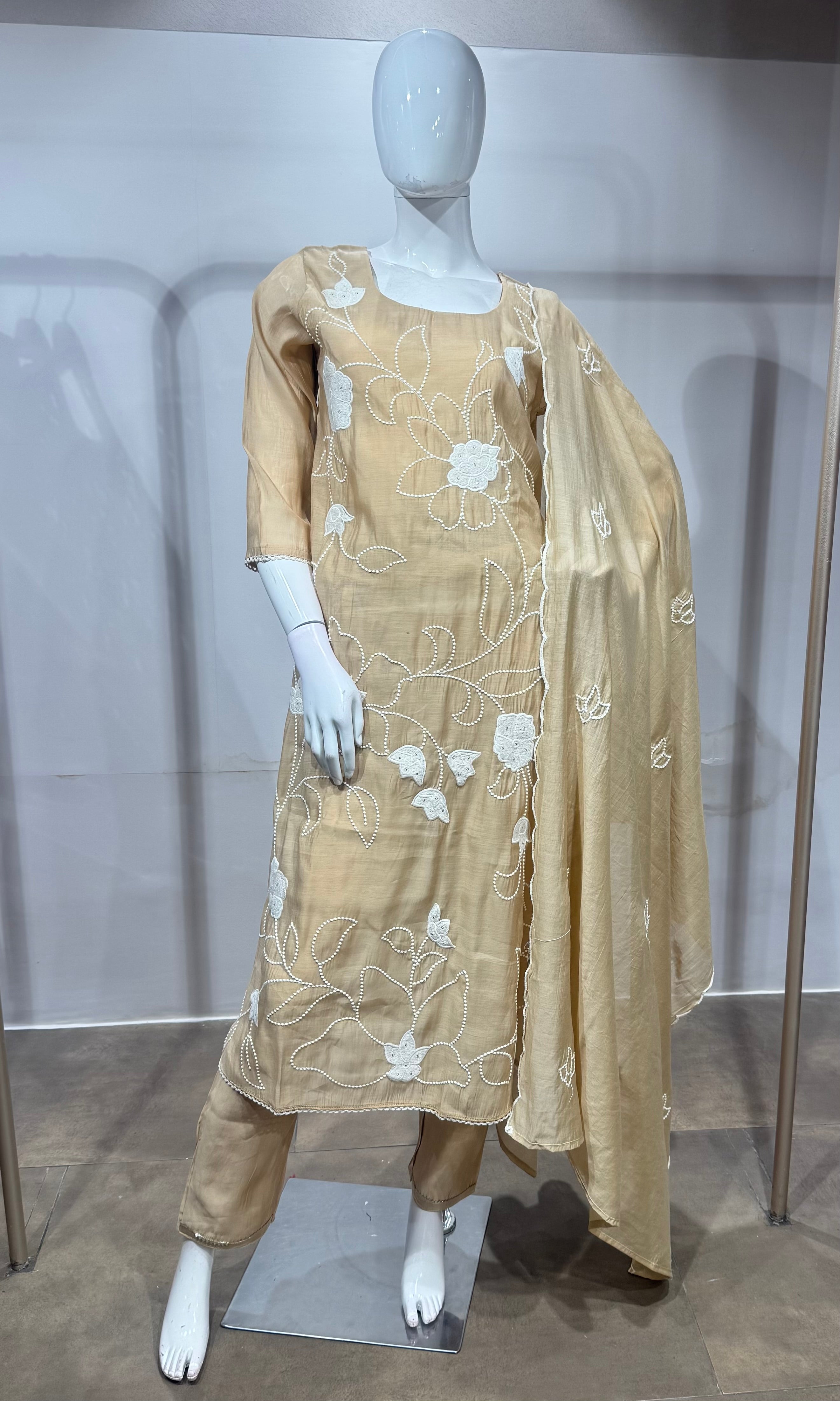 Beige Floral Thread Embroidered Kurta Set