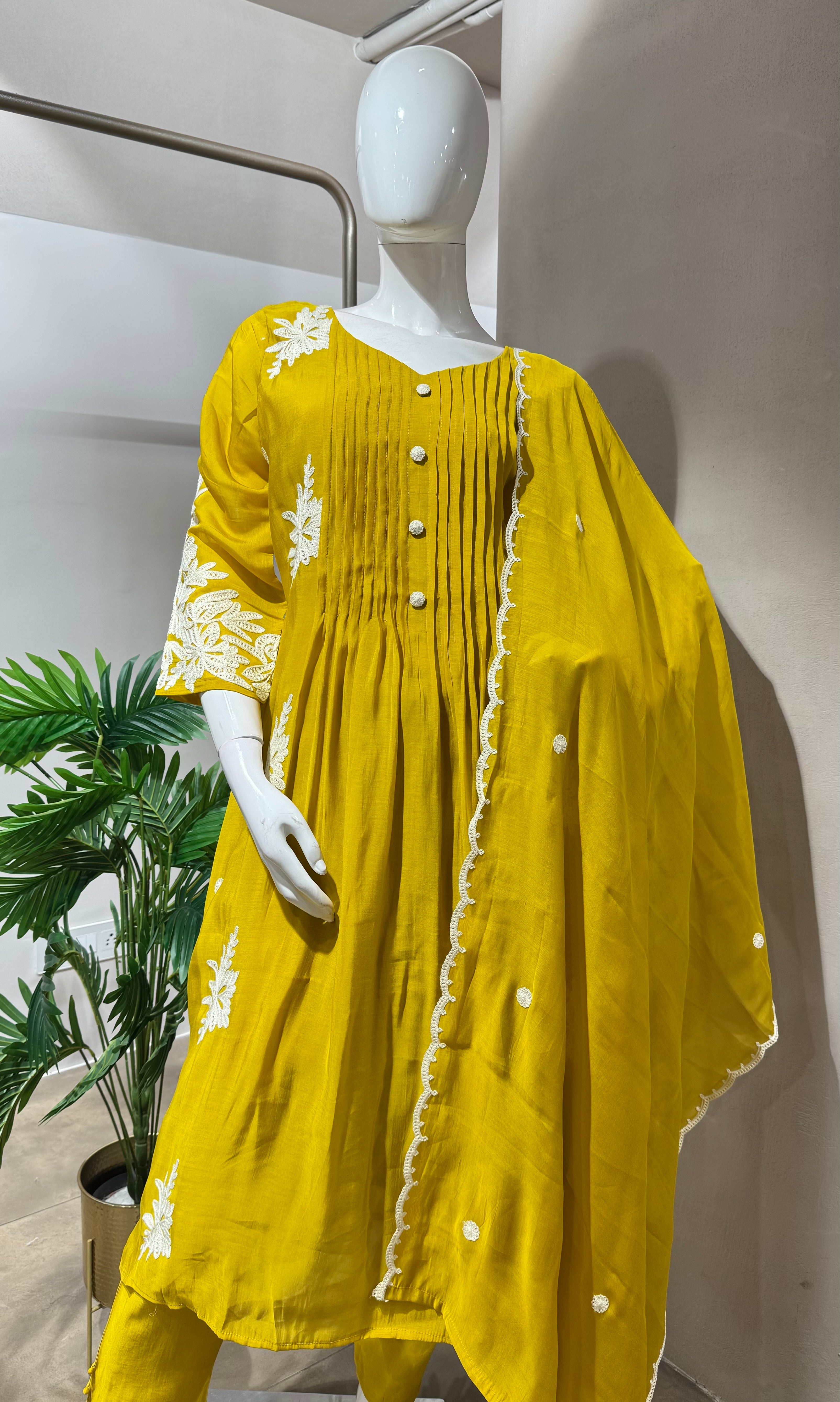 MUSTARD FLORAL MUL CHANDERI KURTA SET
