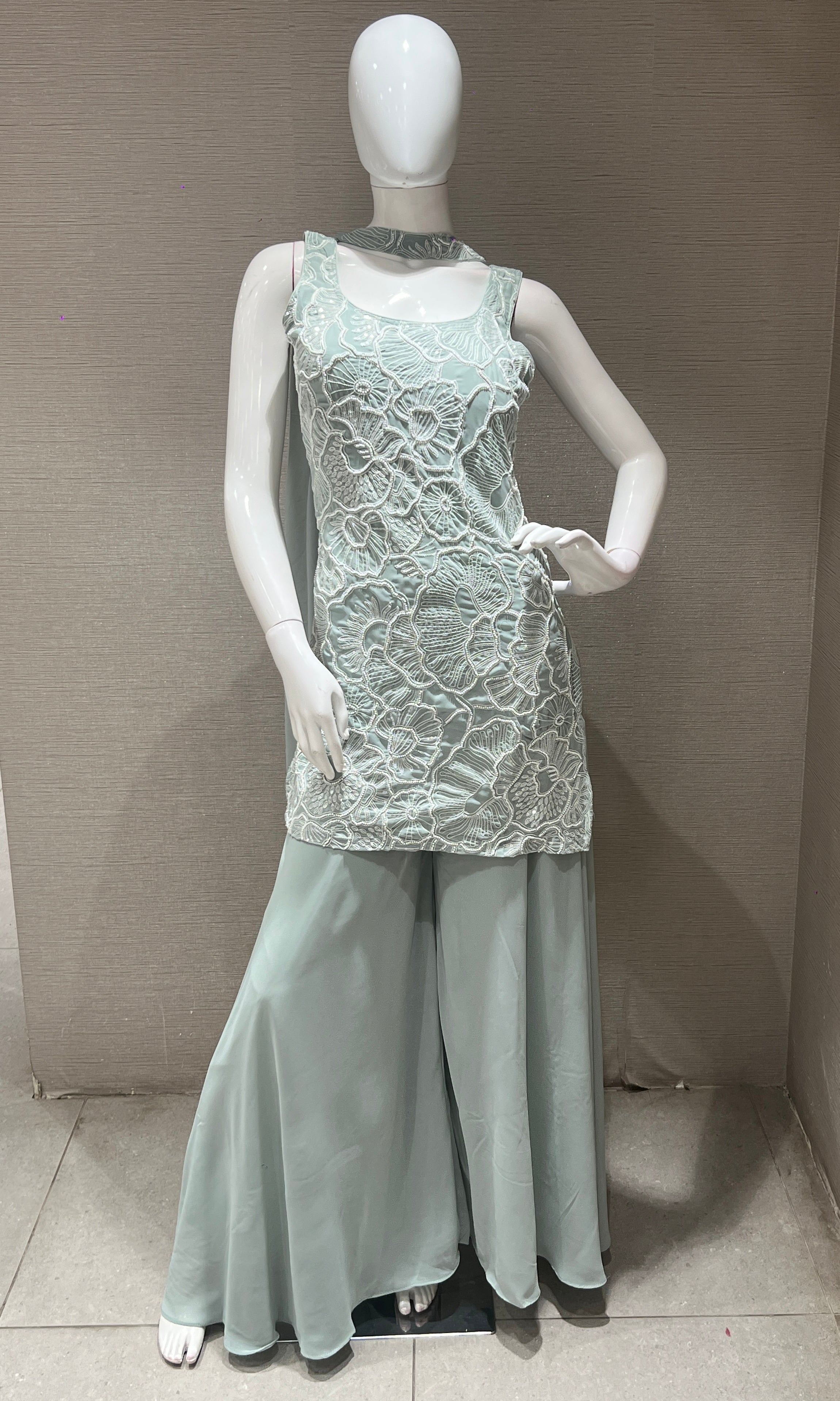Pista green palazzo with floral embroidery