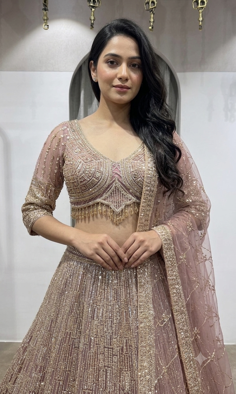 Pink Rose Gold Embroidered Lehenga with Dupatta