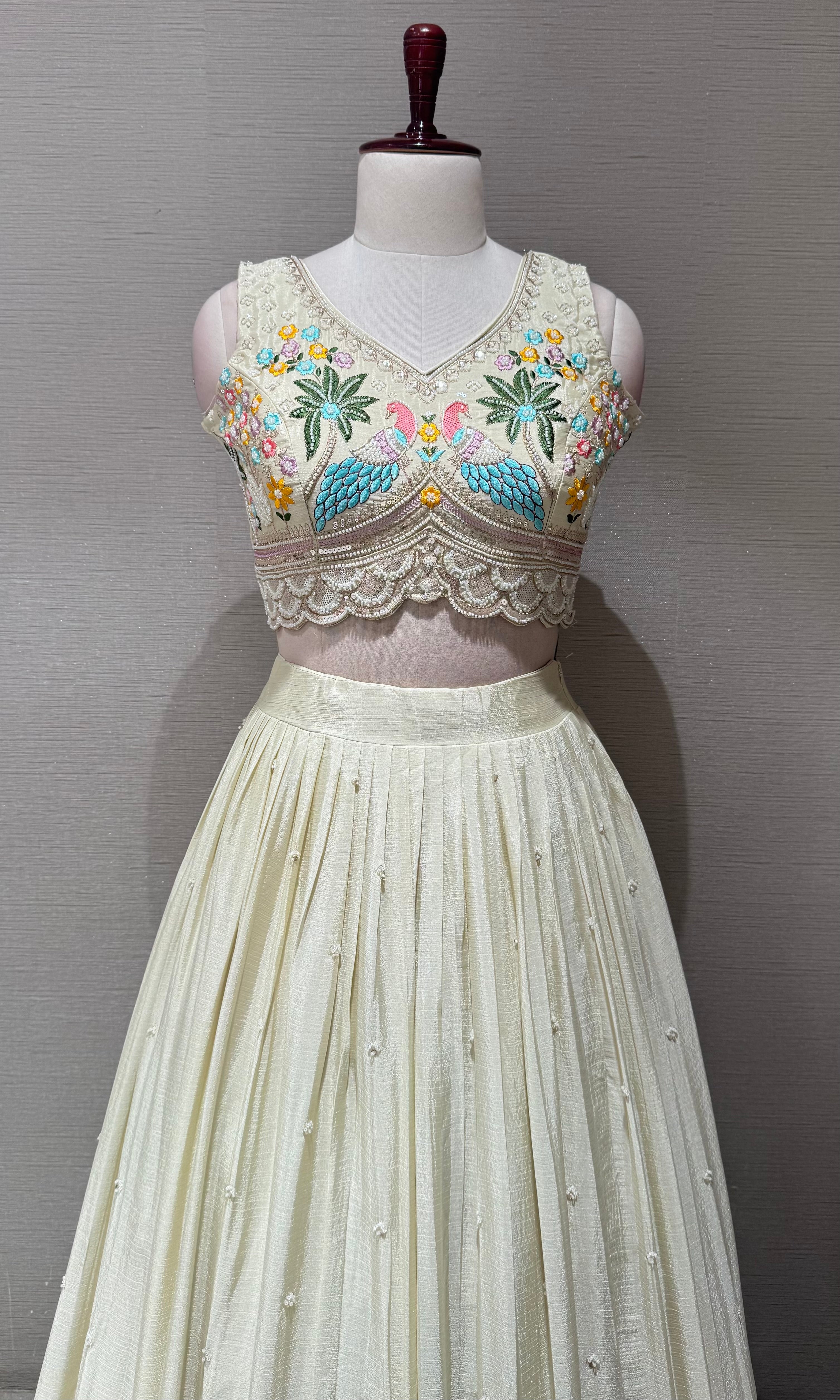 Cream Tissue silk Lehenga with Peacock & Floral Embroidery