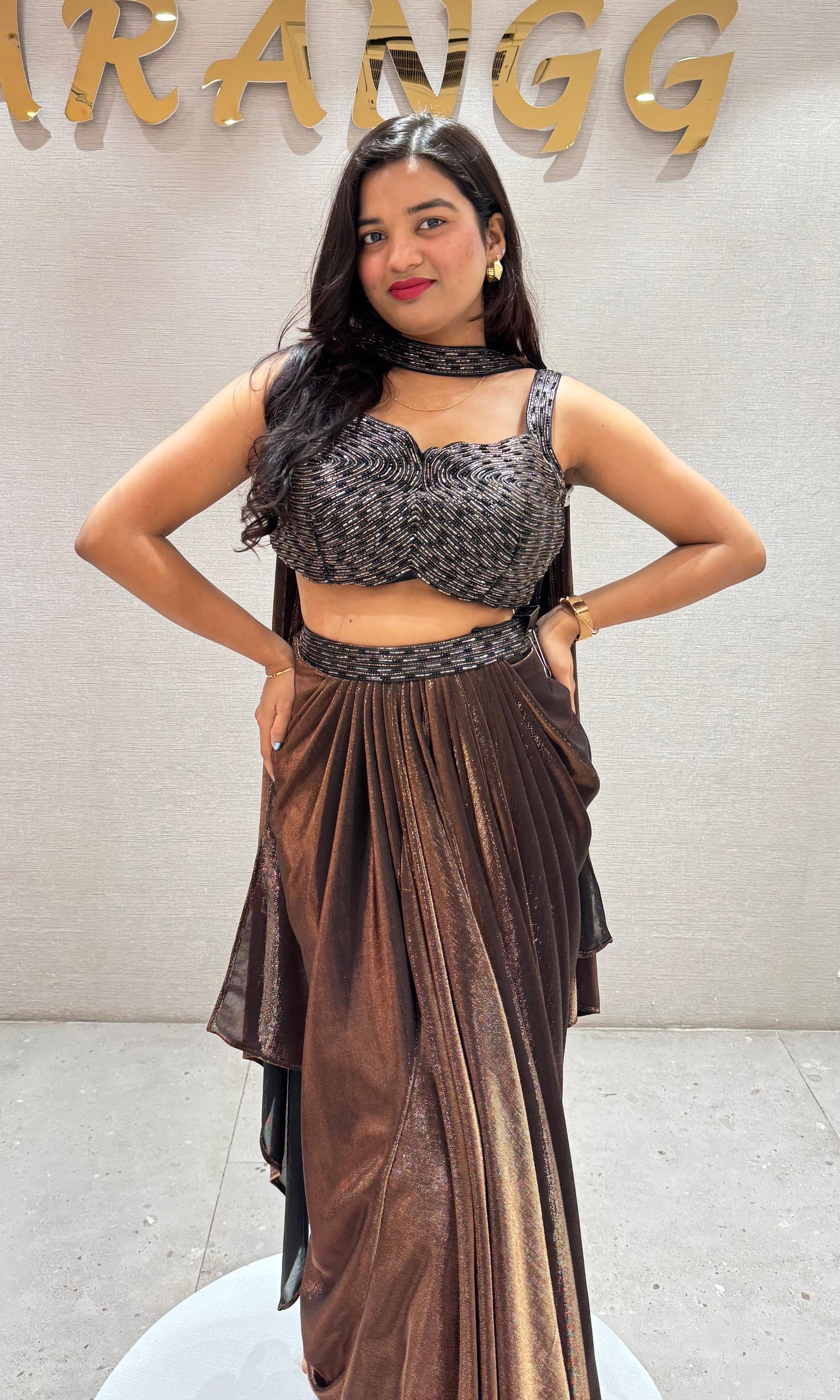 Brown SHIMMERING DRAPE SKIRT WITH BLOUSE