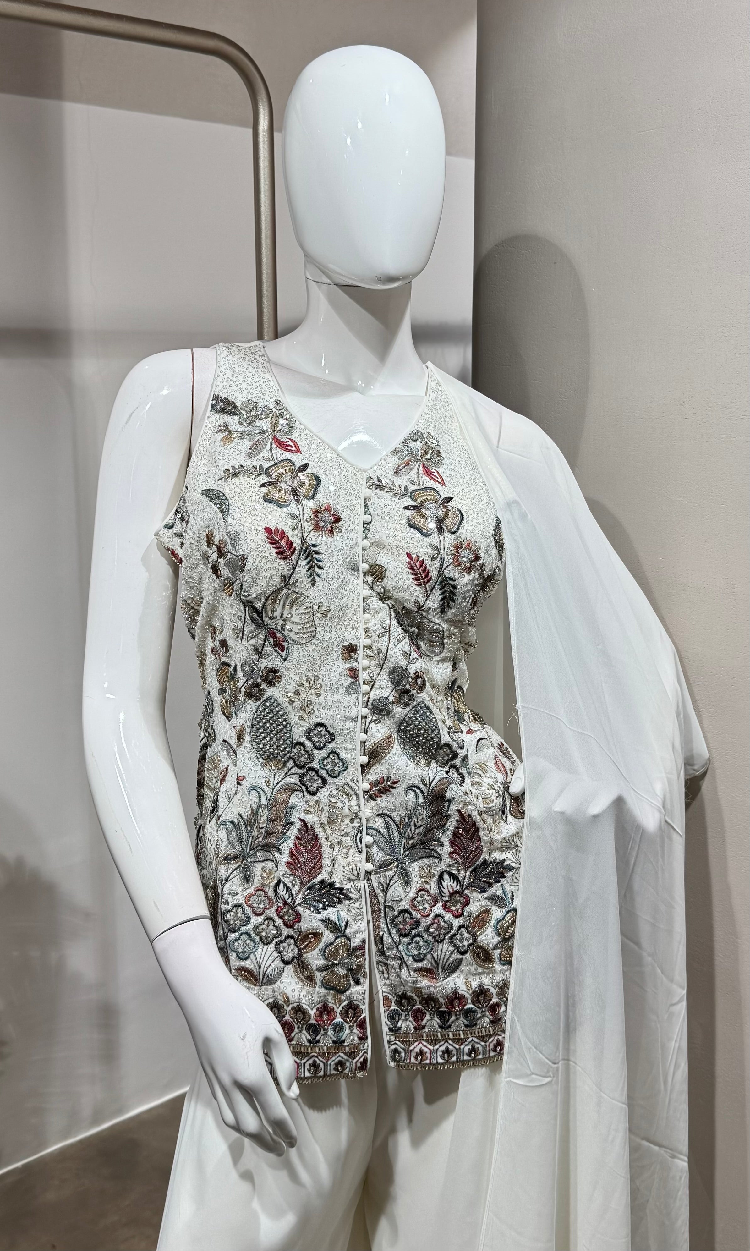 white embroidered kurti with palazzo set