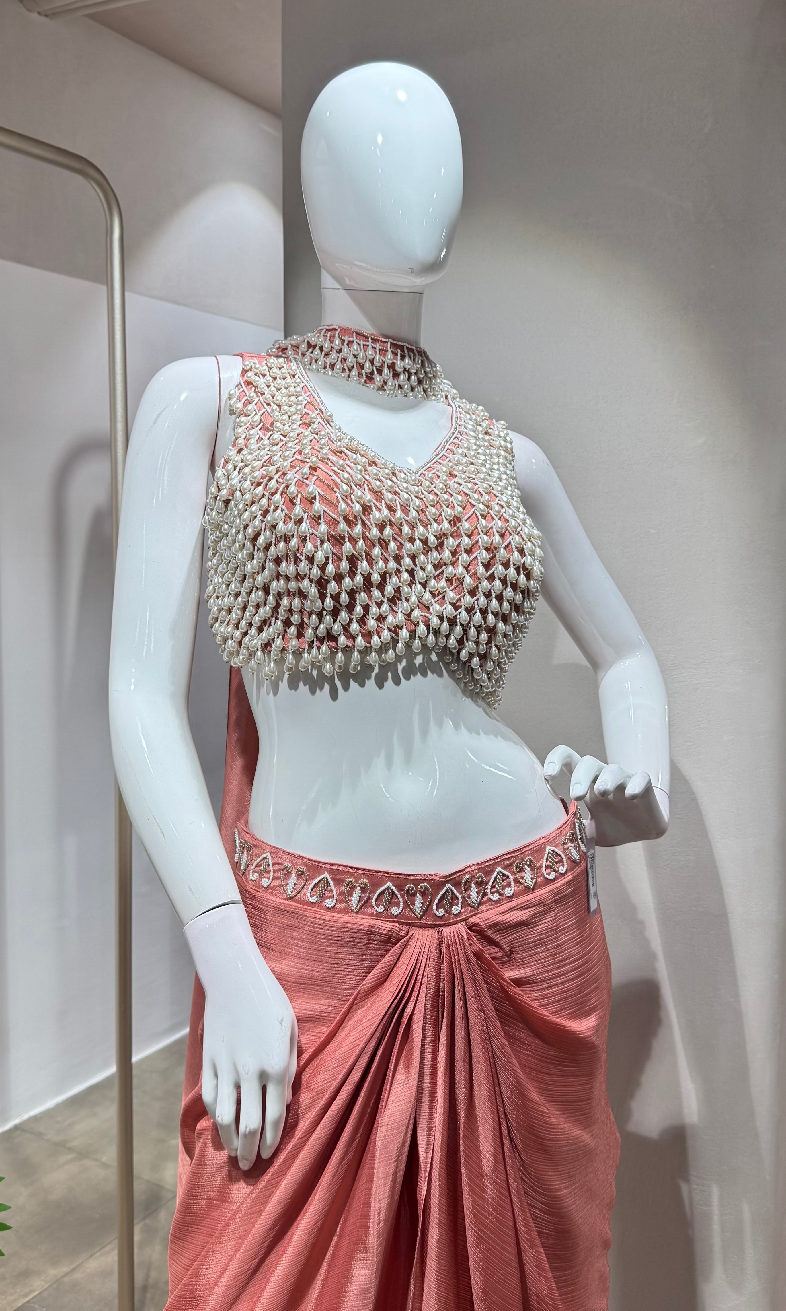 Onion pink designer blouse with drape skirt