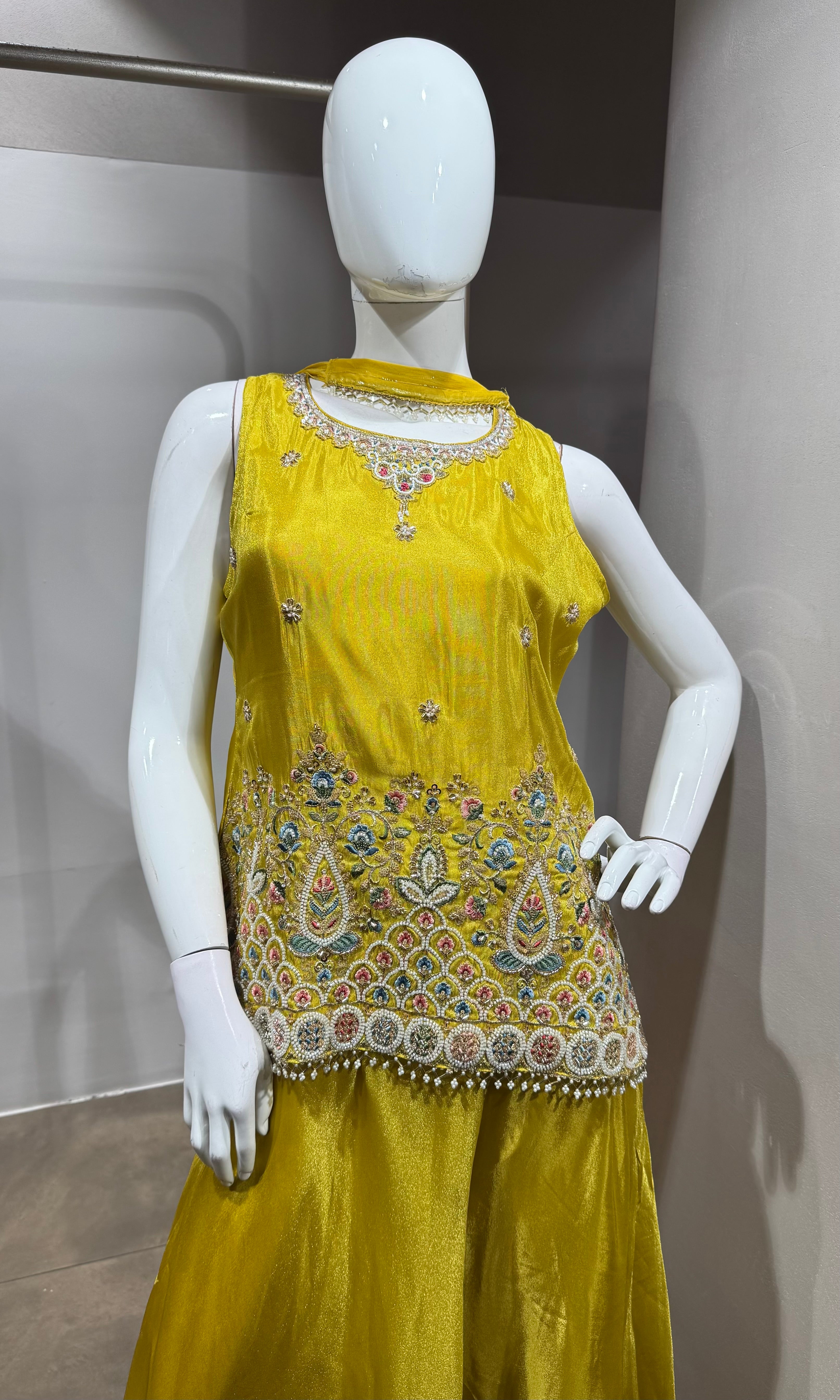 Yellow Embellished Floral Motif Ethnic Sharara