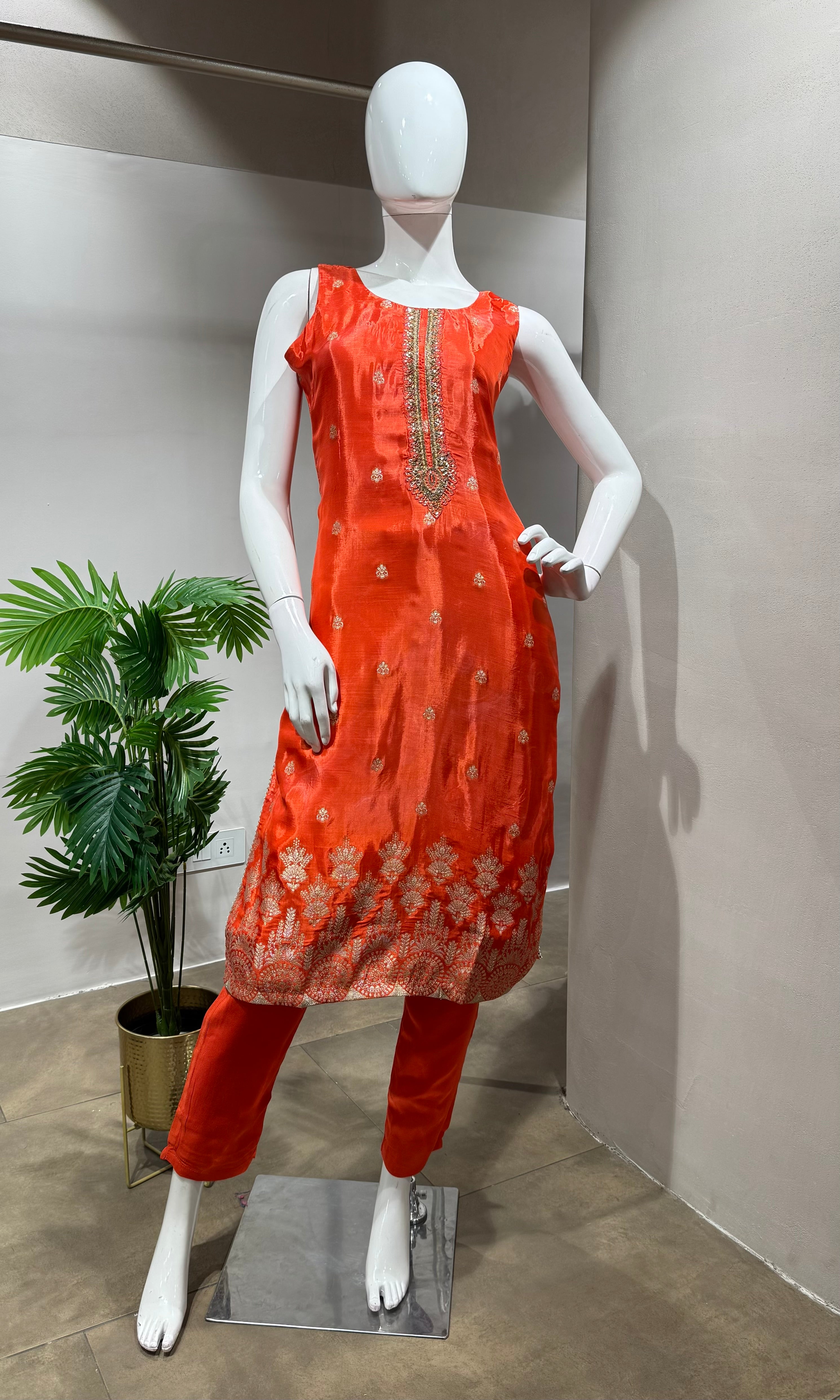 Orange Silk Embroidered Kurta Set