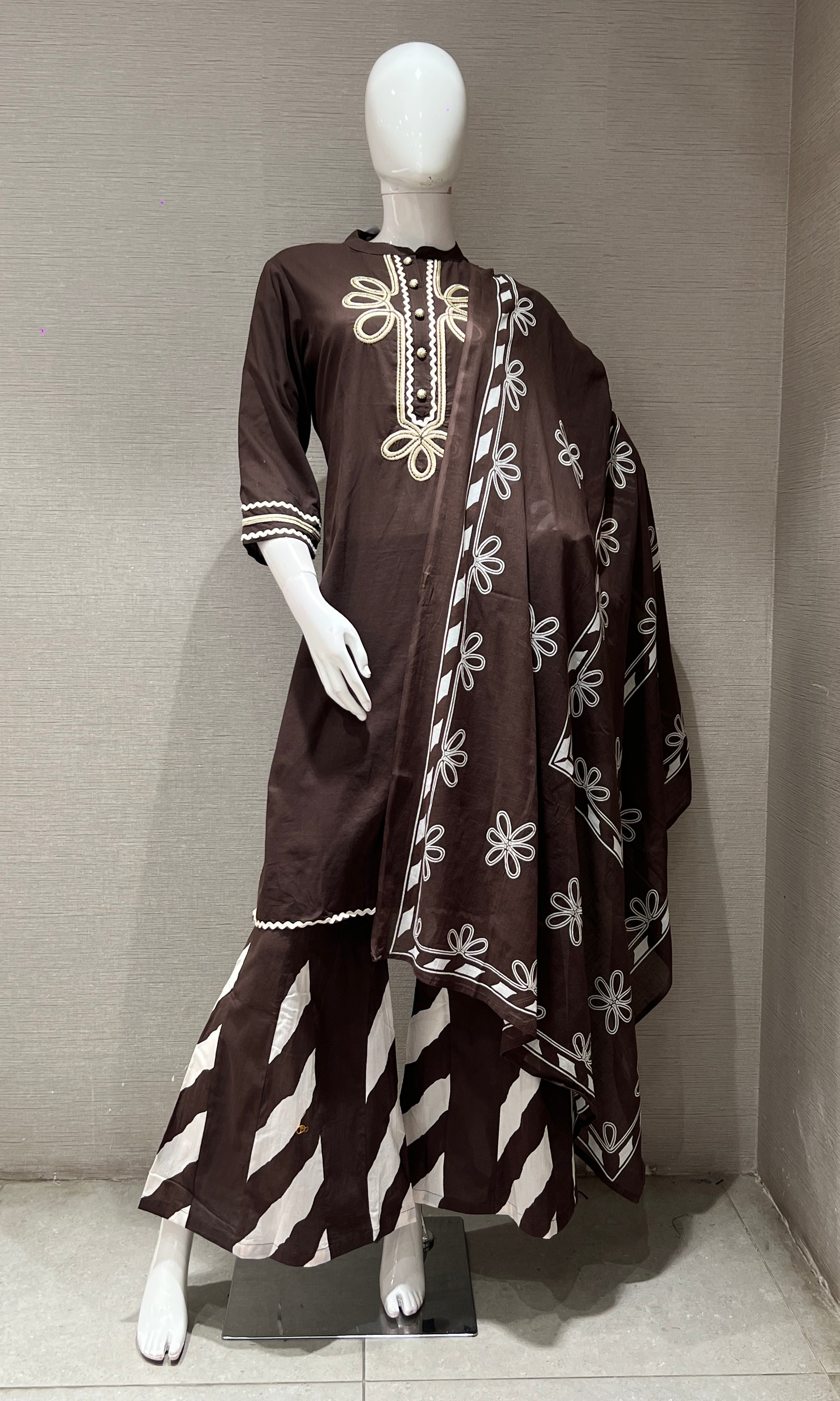 Brown FLORAL KURTA SET WITH PALAZZO PANTS