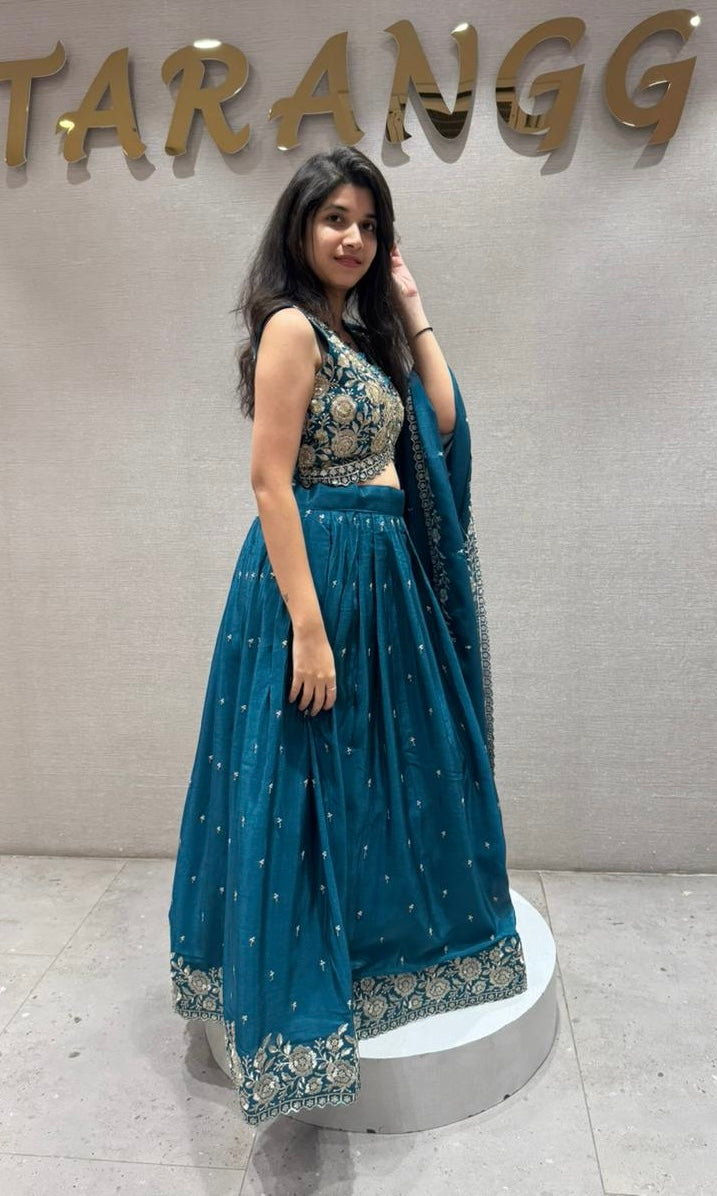 Teal Peacock Embroidered Lehenga