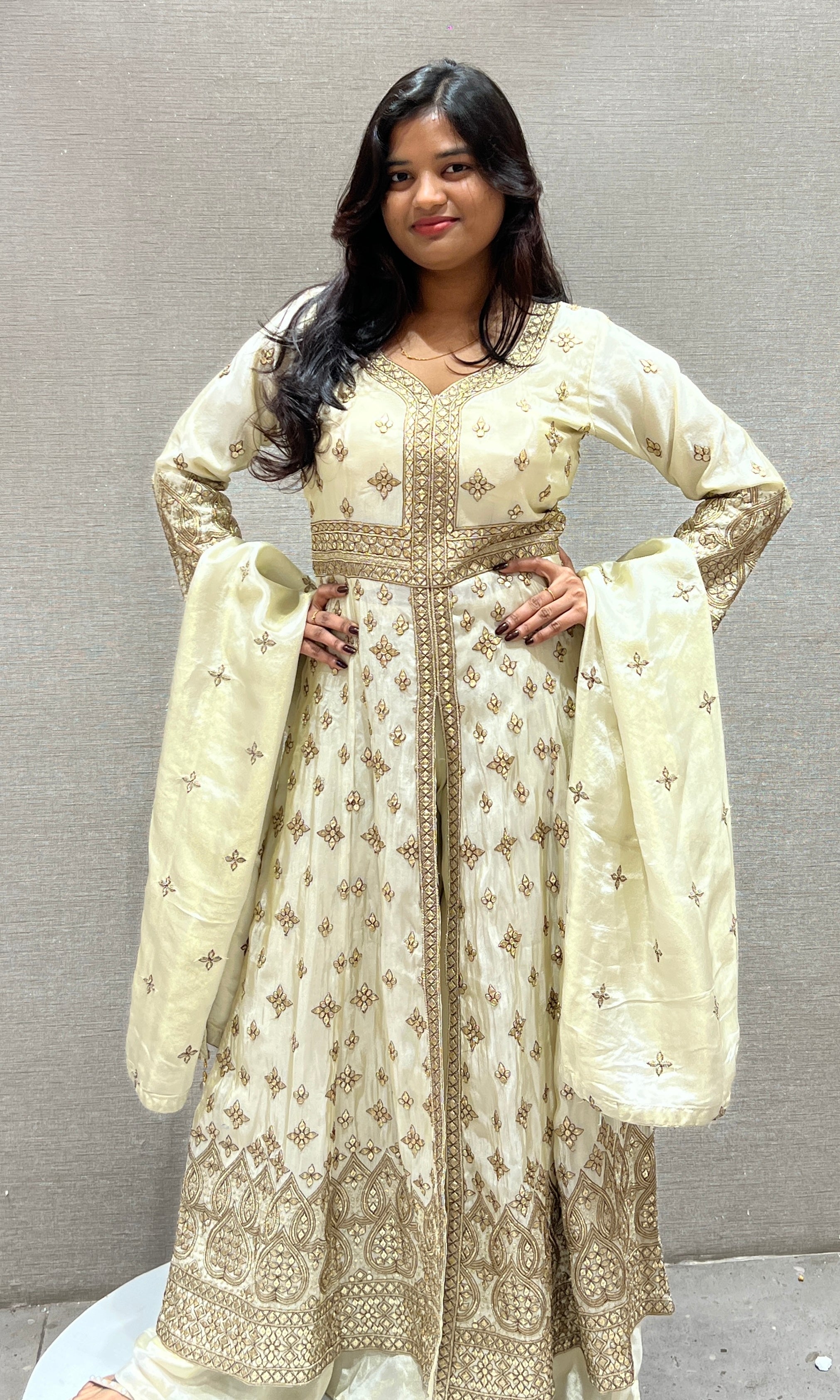 Cream and Gold Anarkali Long Gown