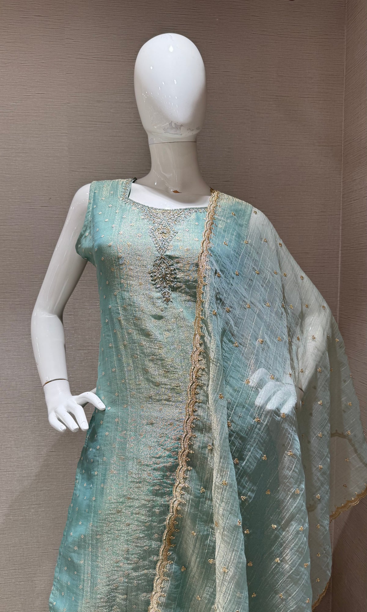 Blue Tissue Silk Golden zari Kurta Set with Dupatta