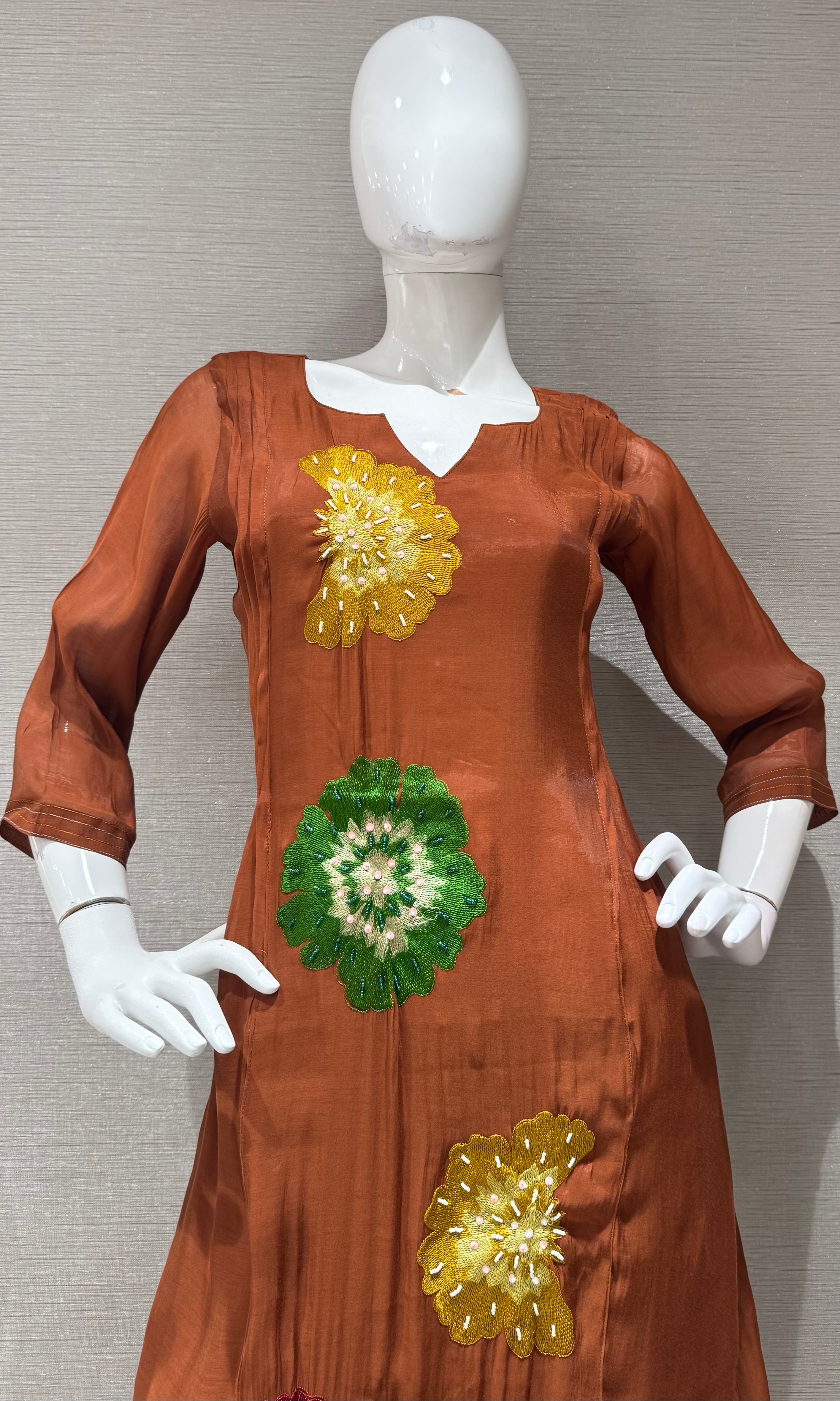 Brown cotton silk Floral Motif Kurta set with dupatta