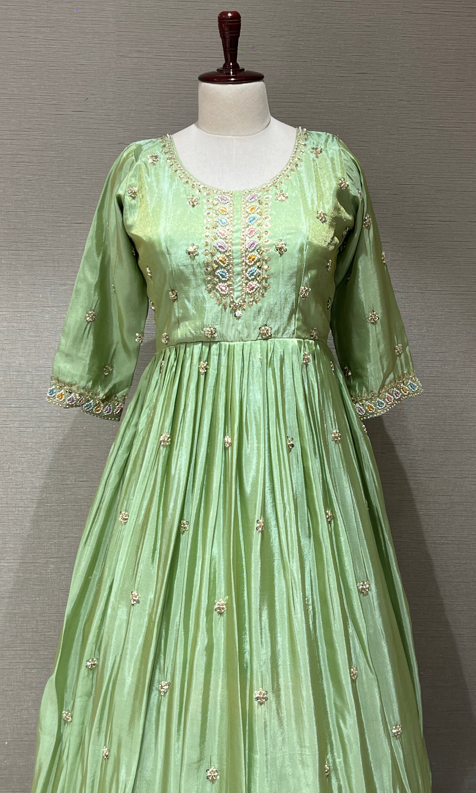 Light Green Embroidered Anarkali Long Gown with Dupatta