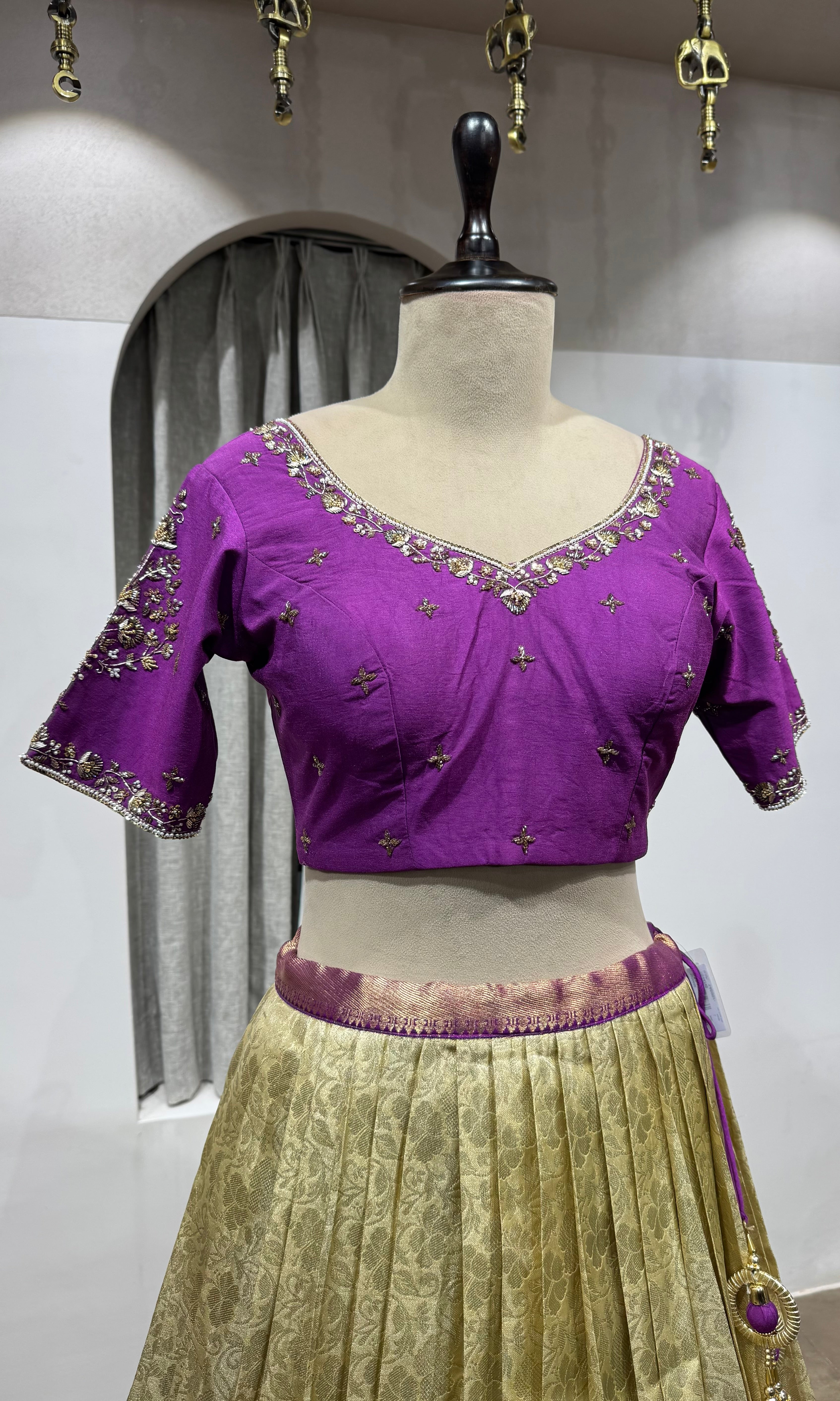WINE and cream kanjivaram pattu lehenga