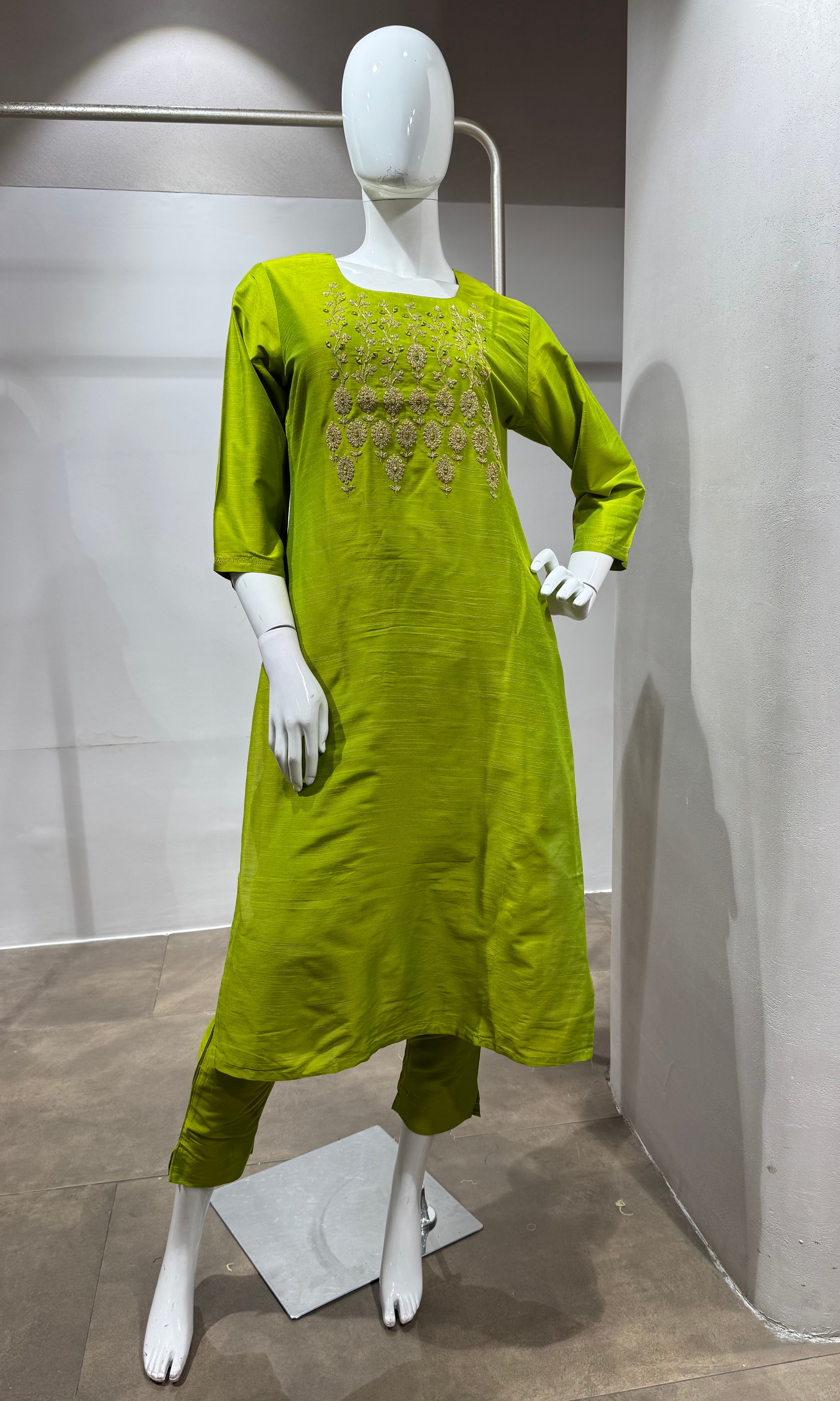Lime Green Embroidered Silk Kurta set