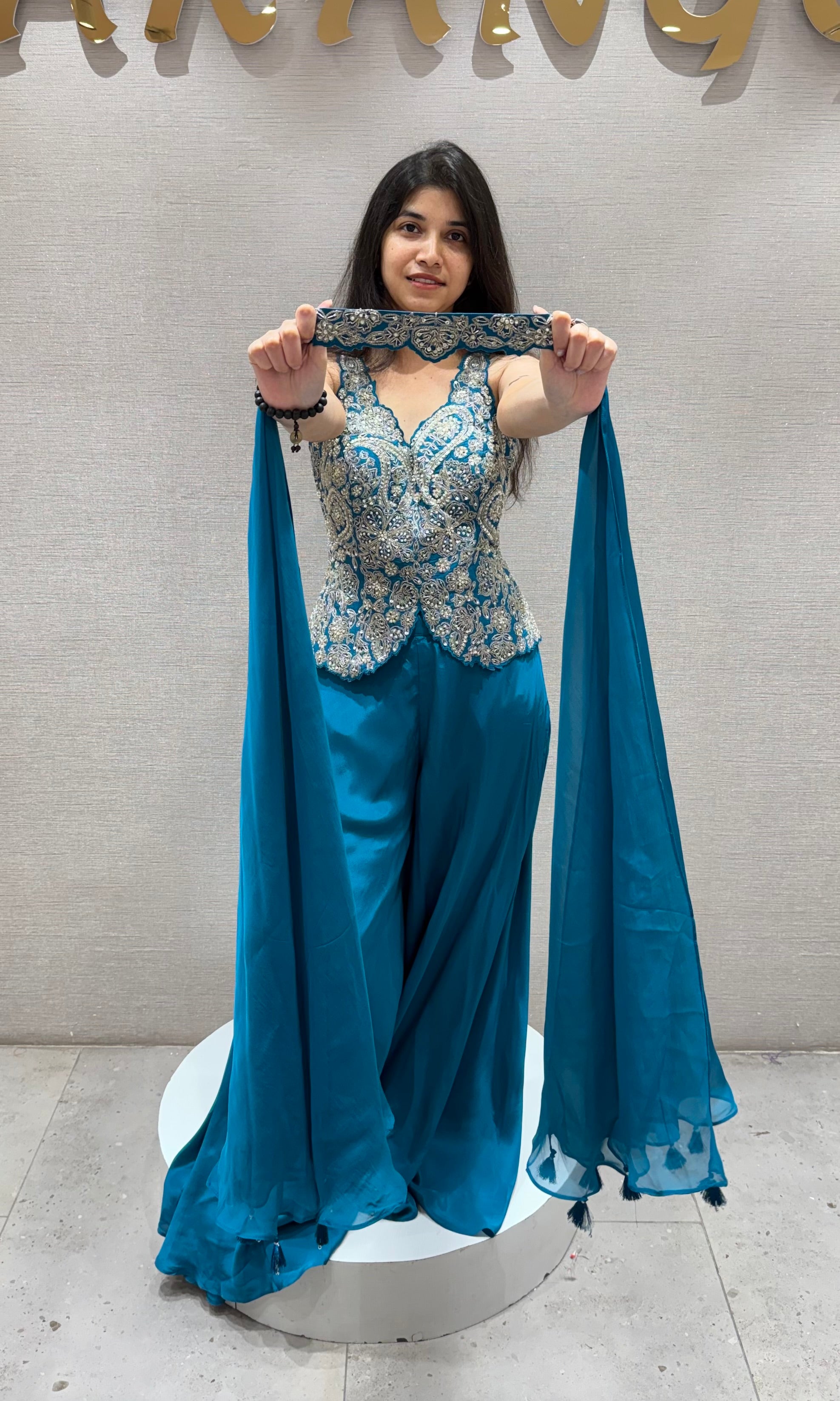 Rama blue EMBROIDERED PEPLUM PALAZZO SET