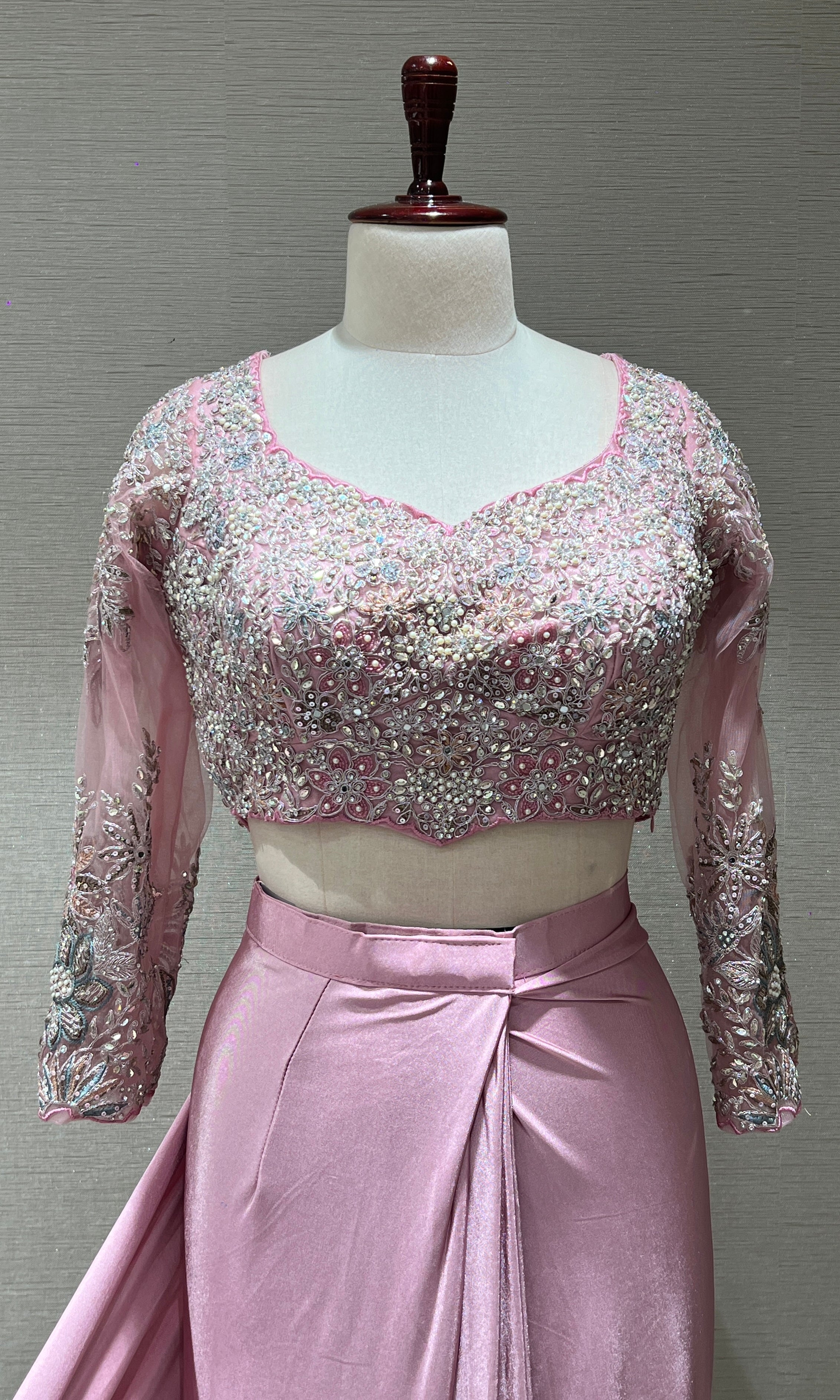 PINK DRAPE SAREE WITH FLORAL BLOUSE & BELT