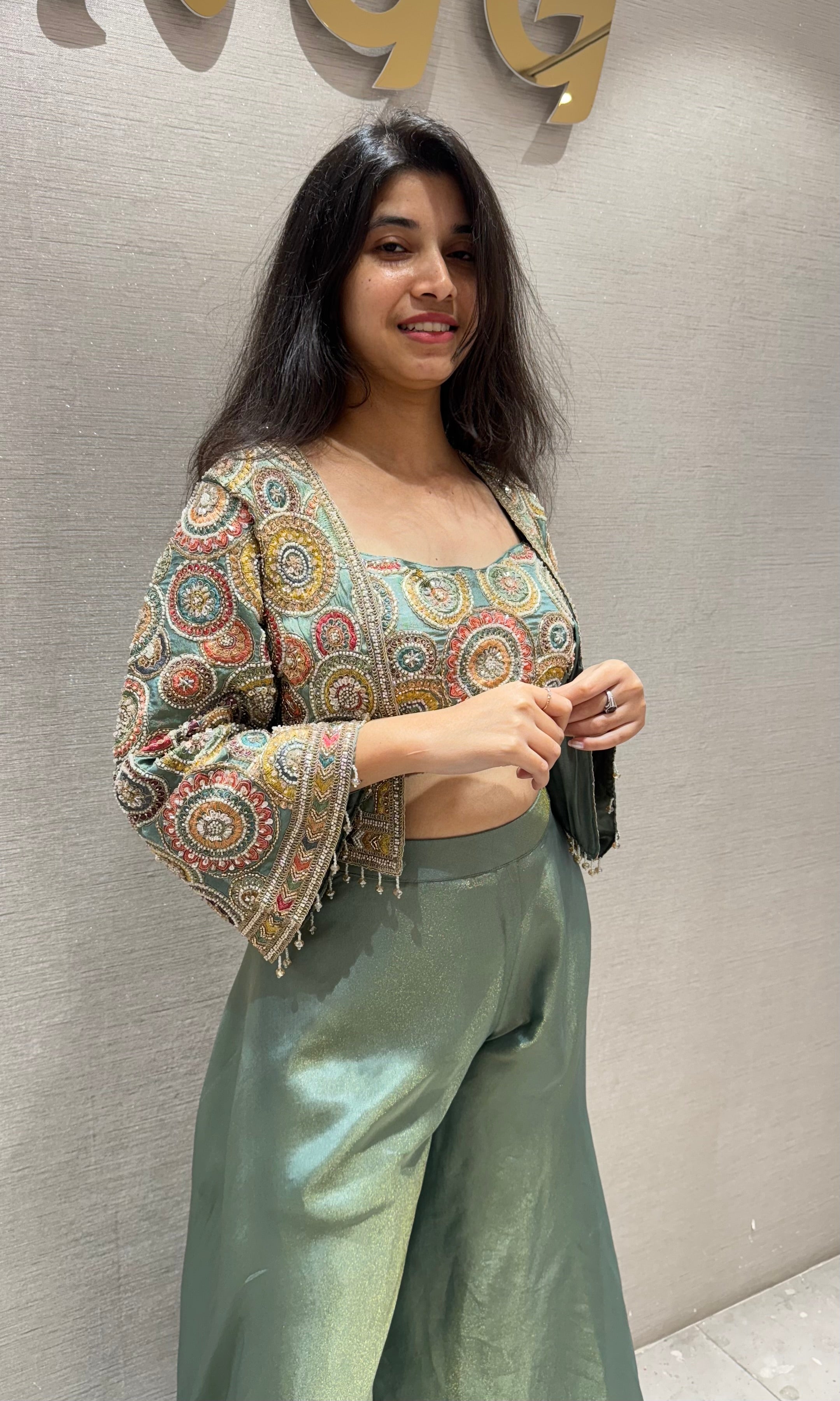 Green EMBROIDERED palazzo WITH JACKET