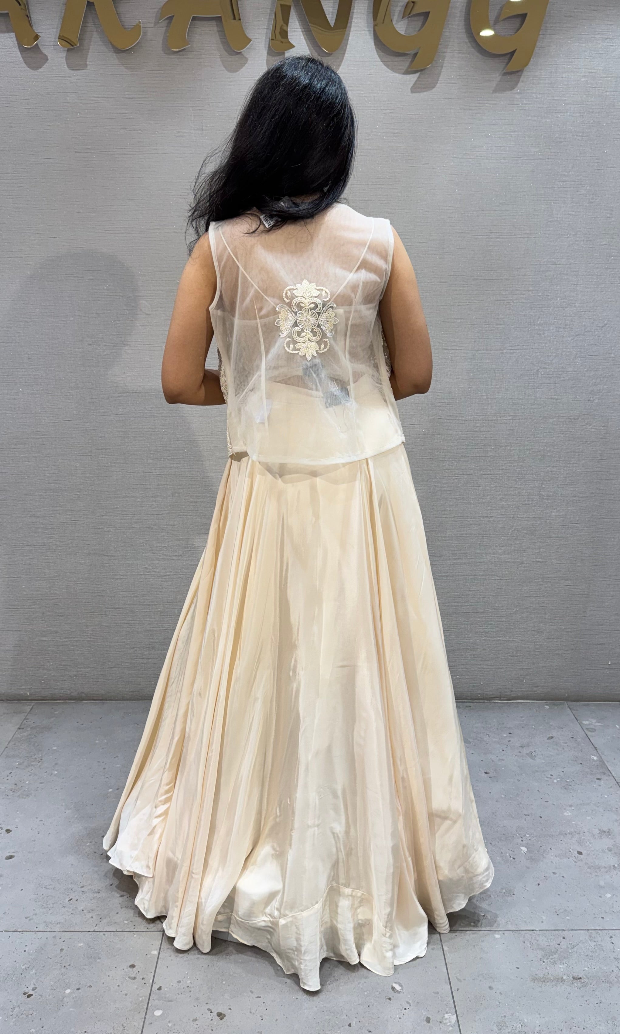 Cream Lehenga with Lace Top and Satin Skirt