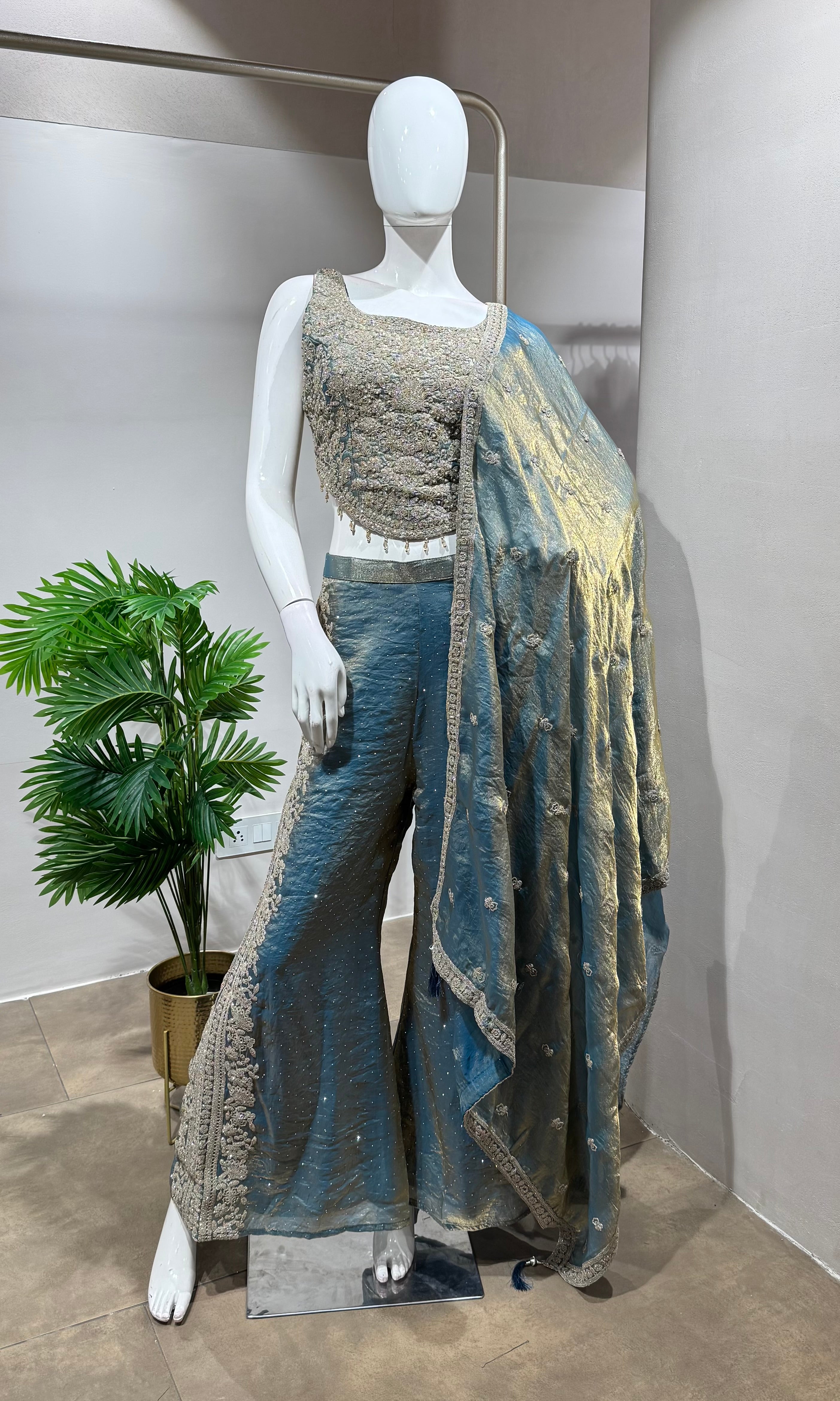 Blue silk Embroidered and mirror PALAZZO suit