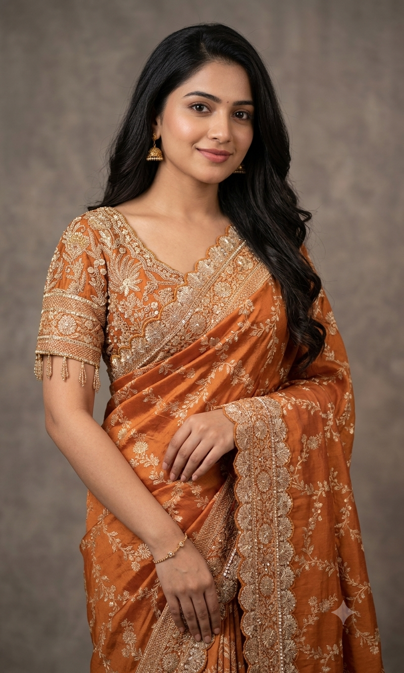 Brown designer saree with embroidered blouse